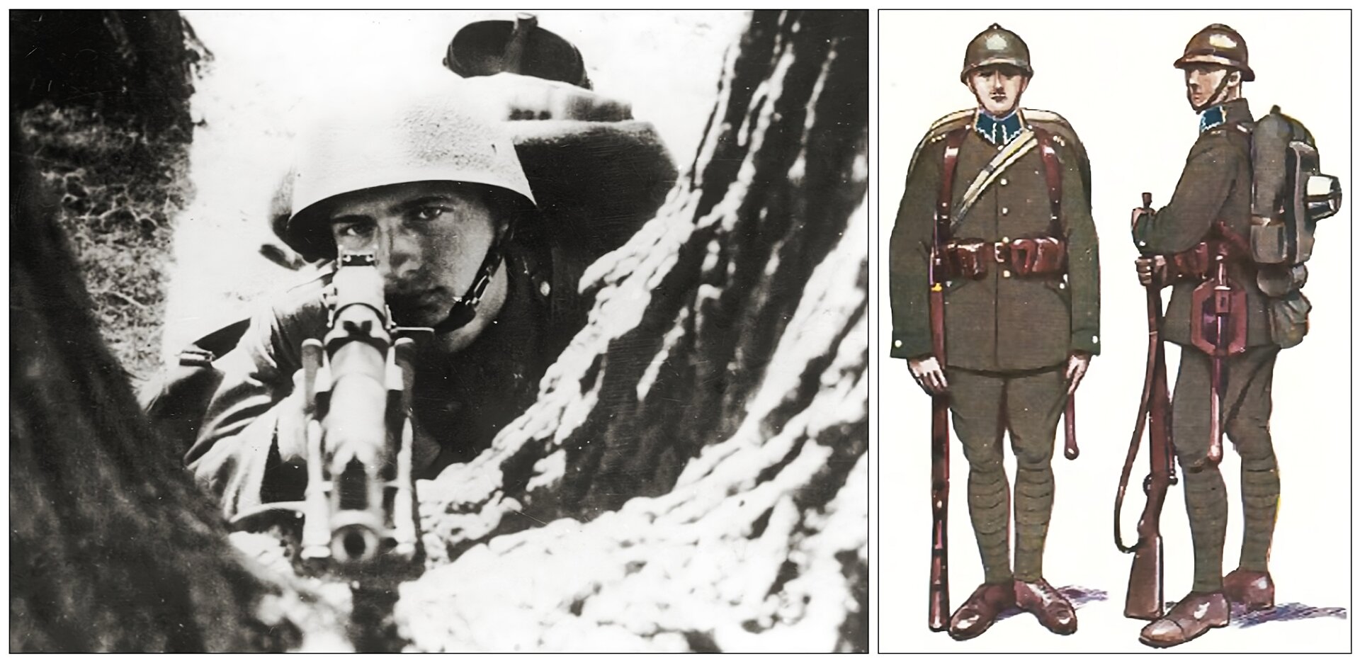 Grafika składa się z dwóch ilustracji. Na lewo fotografia z 1938 roku ukazująca żołnierza polskiej piechoty w hełmie wz. 31 pokrytym przeciwodblaskowym lakierem „Salamandra” z grudkami korka. Żołnierz jako celowniczy rkm‑u wz. 28 stoi na stanowisku między nisko rozłożonymi konarami drzew. Na prawo dwie sylwetki: z przodu i z boku żołnierza piechoty w umundurowaniu z września 1939 roku. Żołnierze mają na głowach hełmy wz. 15, które używano zwykle w kawalerii. Żołnierze noszą sukienne kurtki. Mają białe wężyki na kołnierzach i oznaczenia przynależności pułkowej na naramiennikach. Są ubrani w długie spodnie spięte nad cholewką sukienną owijką, która dochodzi do kolana. Na nogach mają skórzane trzewiki. W ręku trzymają karabiny Mauser wz. 1898a. Do pasa wojskowego z przodu mają przytwierdzone parę ładownic skórzanych na naboje do karabinka. Do pasa z boku przytwierdzone mają łopatkę i pochwę z bagnetem. W przewieszonej na skos torbie brezentowej mają maskę przeciwgazową. Na plecach mają plecak z kocem i przypiętą do niego menażkę.