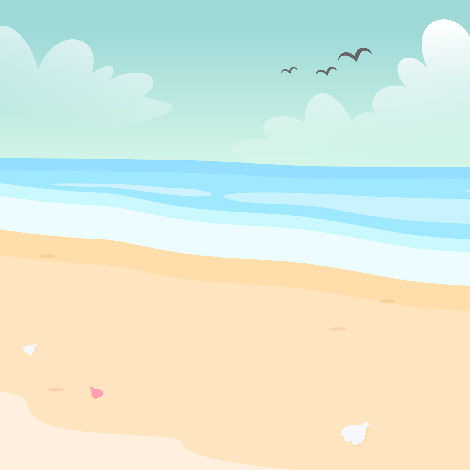 Ilustracja przedstawia plażę z muszelkami. Nad wodą latają ptaki. 