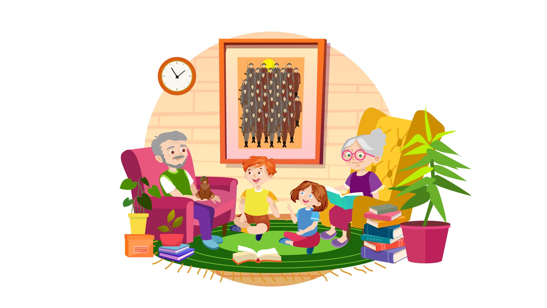 Ilustracja przedstawia pomieszczenie w domu babci i dziadka Franka i Mai. W tle widać bladopomarańczową ścianę, na której wisi duży obraz w brązowej ramie, przedstawiający dużą grupę żołnierzy w mundurach. Zza żołnierzy wyłania się żółte słońce. Na lewo od obrazu wisi okrągły pomarańczowy zegar ze wskazówkami. Na środku pomieszczenia leży okrągły zielony dywan z pomarańczowymi frędzlami. Po lewej stronie stoi ciemnoróżowa kanapa. Na kanapie siedzi dziadek Franka i Mai. Jest ubrany w białą koszulkę z krótkimi rękawami, zieloną kamizelkę, długie fioletowe spodnie i niebieskie buty. Na wyciągniętej prawej dłoni trzyma figurkę brązowego niedźwiedzia brunatnego w ciemnozielonym hełmie wojskowym. Obok kanapy, na podłodze, stoi pomarańczowe pudełko z pokrywką. Ustawiono na nim zieloną roślinę w żółtej donicy. Obok są dwie książki ułożone jedna na drugiej. Pierwsza ma niebieską okładkę, a druga granatową. Na książkach stoi zielona roślina w czerwonej donicy. Po prawej stronie znajduje się żółty fotel. Na fotelu siedzi babcia Franka i Mai. Jest ubrana w ciemnofioletową bluzkę z krótkimi fioletowymi rękawami zakończonymi przezroczystymi falbankami, długą ciemnoróżową spódnicę i fioletowe buty. Na nosie ma okulary w okrągłych ciemnoróżowych oprawkach. Czyta książkę, którą trzyma w rękach. Książka ma turkusową okładkę. Na prawo od fotela widać stos książek w kolorowych okładkach. Obok nich stoi duża zielona roślina w ciemnoróżowej donicy. Na środku dywanu siedzą Franek i Maja. Franek jest ubrany w żółtą koszulkę z krótkimi pomarańczowymi rękawami, krótkie brązowe spodnie, pomarańczowe skarpety i granatowe buty z białymi sznurówkami. Maja jest ubrana w niebieską koszulkę z krótkimi błękitnymi rękawami, długie ciemnoróżowe spodnie i ciemnoniebieskie buty. Dzieci patrzą na dziadka i się uśmiechają. Przed nimi, na pierwszym planie ilustracji, leży otwarta książka w pomarańczowej okładce.