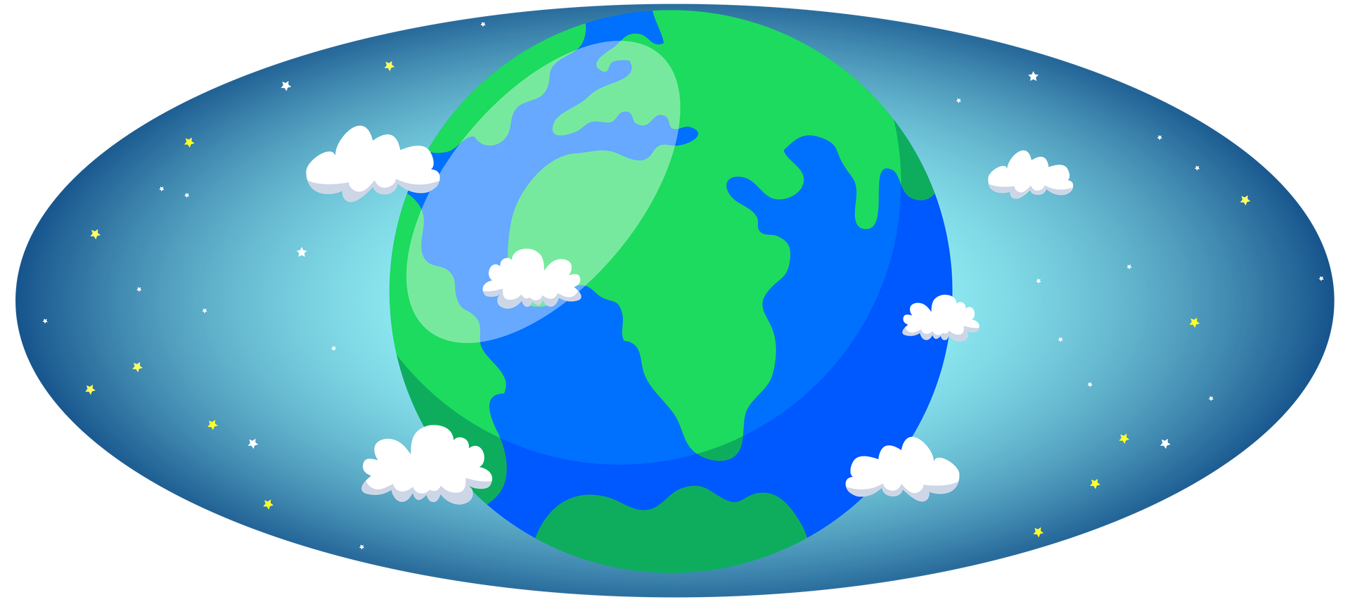 Ilustracja przedstawia kulę ziemską. Lądy są zielone, a wody niebieskie. Dookoła Ziemi unosi się kilka białych chmur. Widać również niebiesko‑granatową przestrzeń z wieloma drobnymi gwiazdami.