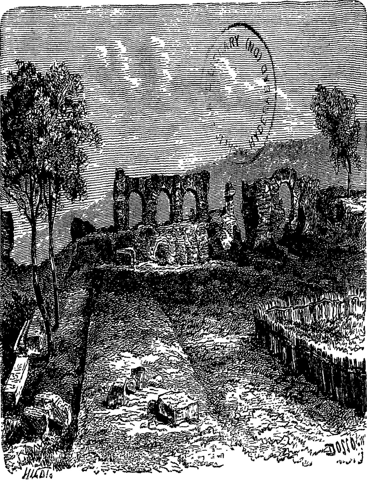 Ilustracja przedstawia „Ruiny rzymskie w Bovillae”. Przedstawia obrazek w kolorystyce biało‑czarnej. Na ilustracji znajdują się ruiny. Pomiędzy nimi rosną drzewa i inna roślinność. W tle znajduje się góra. 