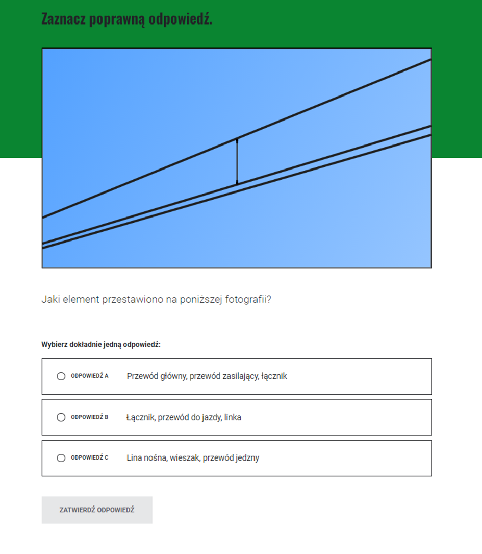 Ekran z przykładowym zadaniem z jednokrotnym wyborem
