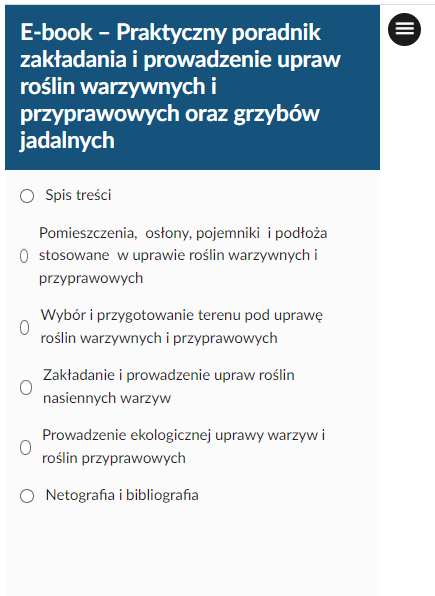 Rozwinięcie spisu treści w e‑booku. Widoczna jest kolumna, na górze na granatowym tle znajduje się tytuł e‑booka. Pod nim na szarym tle wymienione są tytuły poszczególnych zakładek e‑booka. Po prawej stronie u góry widoczna jest ikona spisu treści. Ma kształt czarnego kółka, w środku którego znajdują się trzy poziome kreski koloru białego.