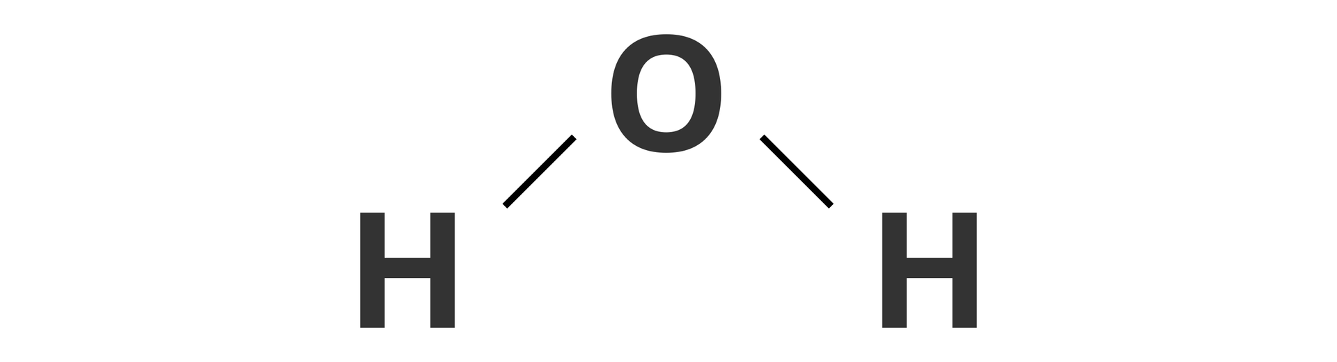 Ilustracja przedstawia wzór strukturalny wody. Symbol tlenu O, połączony jest z dwoma symbolami wodoru H poprzez wiązanie pojedyncze zaprezentowane jako pojedyncza kreska. Kąt pomiędzy wiązaniami wynosi około stu pięciu stopni.