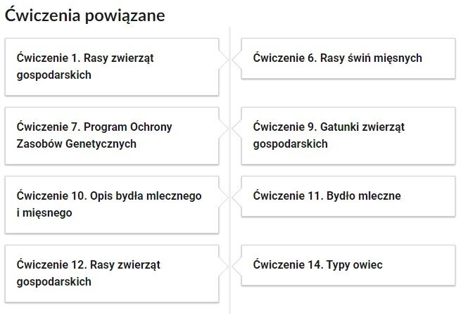 Widok przykładowego przycisku ćwiczeń powiązanych z danym multimedium. Widok przykładowego przycisku ćwiczeń powiązanych z danym multimedium. Po lewej stronie znajduje się podłużny kafelek z napisem. Ćwiczenie 1. Rasy zwierząt gospodarczych. Pod spodem znajduje się kafelek z napisem. Ćwiczenie 7. Program Ochrony Zasobów Genetycznych. Pod spodem znajduje się kafelek z napisem. Ćwiczenie 10. Opis bydła mlecznego i mięsnego. Pod spodem znajduje się kafelek z napisem. Ćwiczenie 12. Rasy zwierząt gospodarskich. Po prawej stronie znajduje się kafelek z napisem. Ćwiczenie 6. Rasy świń mięsnych. Pod spodem znajduje się kafelek z napisem. Ćwiczenie 9. Gatunki zwierząt gospodarskich. Pod spodem znajduje się kafelek z napisem. Ćwiczenie 11. Bydło mleczne. Pod spodem znajduje się kafelek z napisem. Ćwiczenie 14. Typy owiec.