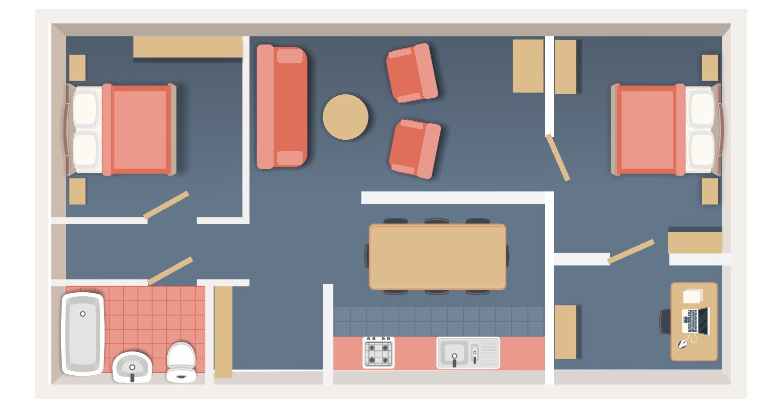 Grafika przedstawia rzut mieszkania. Po lewej stronie od wejścia znajduje się łazienka i za nią sypialnia. Po prawej stronie od wejścia znajduje się kuchnia, a za nią biuro, pokój do pracy. Dalej po prawej stronie znajduje się druga sypialnia. W środkowej części mieszkania znajduje się salon.