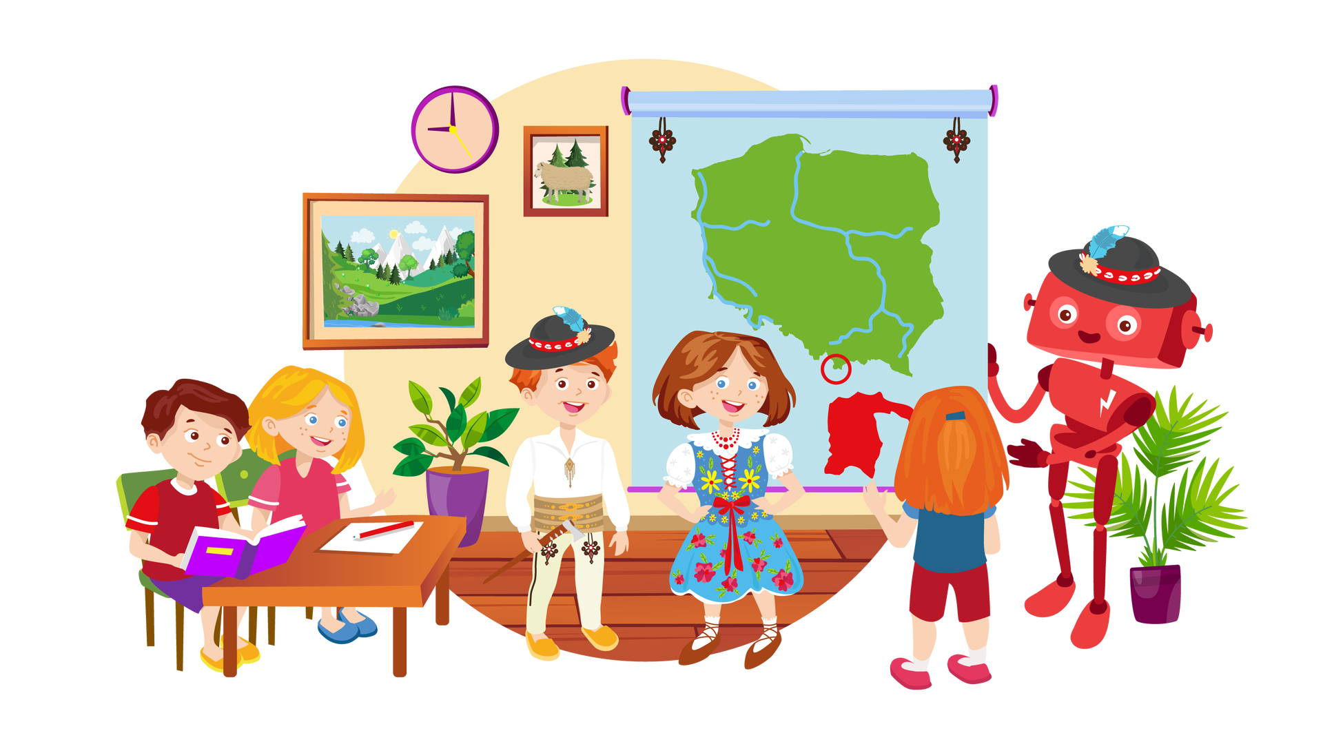 Ilustracja przedstawia klasę szkolną. W tle widać beżową ścianę, na której wisi okrągły fioletowy zegar ze wskazówkami. Obok zegara wiszą dwa obrazki w brązowych ramkach. Pierwszy obrazek przedstawia krajobraz górski. W tle widać wysokie góry, błękitne niebo z jasnymi chmurami i słońce. Dookoła rozciąga się rozległy teren porośnięty zielenią. Są tam pojedyncze drzewa iglaste i liściaste. Na pierwszym planie widać fragment zbiornika wodnego. Na brzegu leży sterta szarych kamieni. Drugi obrazek przedstawia beżową owcę na zielonej polanie. W tle widać dwa drzewa iglaste. Na prawo od obrazków wisi rozwinięty błękitny ekran, na którym widnieje mapa Polski z lądem zaznaczonym na zielono i rzekami zaznaczonymi na niebiesko. W dolnej części mapy zaznaczono czerwonym okręgiem obszar Podhala. Pod mapą Polski znajduje się mapa Podhala w powiększeniu, w czerwonym kolorze. Pod ścianą, na drewnianej podłodze, stoi zielona roślina w fioletowej donicy. Druga zielona roślina, w śliwkowej donicy, stoi po prawej stronie ilustracji. Obok niej widać uśmiechniętego Zgrzytka w góralskim kapeluszu. Kapelusz jest okrągły i czarny, otoczony czerwoną tasiemką ozdobioną muszelkami. Do tasiemki przyczepiono niebieskie piórko. Robot trzyma prawą ręką rozwinięty ekran wiszący na ścianie. Na lewo od Zgrzytka stoi tyłem rudowłosa dziewczynka ubrana w granatową koszulkę z krótkimi niebieskimi rękawami, krótkie bordowe spodnie, białe skarpety i ciemnoróżowe buty. Pokazuje na mapie Podhale. Na środku pomieszczenia stoją Franek i Maja w strojach góralskich. Franek jest ubrany w białą koszulę z długimi rękawami i kołnierzykiem, czarny kapelusz z czerwoną tasiemką i niebieskim piórkiem, długie beżowe spodnie z szerokim jasnobrązowym pasem i pomarańczowe buty z żółtymi podeszwami. Przy kieszeniach spodni widać ozdobny kwiatowy wzór. Chłopiec trzyma w prawej dłoni ciupagę, czyli niewielką siekierkę składającą się z drewnianego uchwytu i metalowego ostrza. Maja jest ubrana w białą koszulę kołnierzykiem i krótkimi rękawami, niebieską kamizelkę zdobioną haftowanymi żółtymi haftowanymi kwiatami, wiązaną czerwoną wstążką, niebieską spódnicę w czerwone kwiaty, białe skarpety i wiązane brązowe buty. W pasie ma przypiętą czerwoną kokardę, a na jej szyi wiszą czerwone korale. Trzyma ręce na biodrach. Po lewej stronie pomieszczenia stoi bokiem brązowa ławka z dwoma zielonymi krzesełkami. Na krzesełkach siedzi dwoje dzieci: po lewej stronie chłopiec o ciemnobrązowych włosach, a po prawej stronie blondwłosa dziewczynka. Chłopiec jest ubrany w ciemnoczerwoną koszulkę z krótkimi czerwonymi rękawami, krótkie ciemnofioletowe spodnie i pomarańczowe buty z żółtymi podeszwami. Trzyma w rękach otwarty zeszyt w fioletowej okładce. Spogląda na Franka i Maję. Dziewczynka jest ubrana w ciemnoróżową sukienkę z krótkimi różowymi rękawami i ciemnoniebieskie buty. Również spogląda na Franka i Maję. Przed nią, na ławce, leży pusta biała kartka i czerwony ołówek.