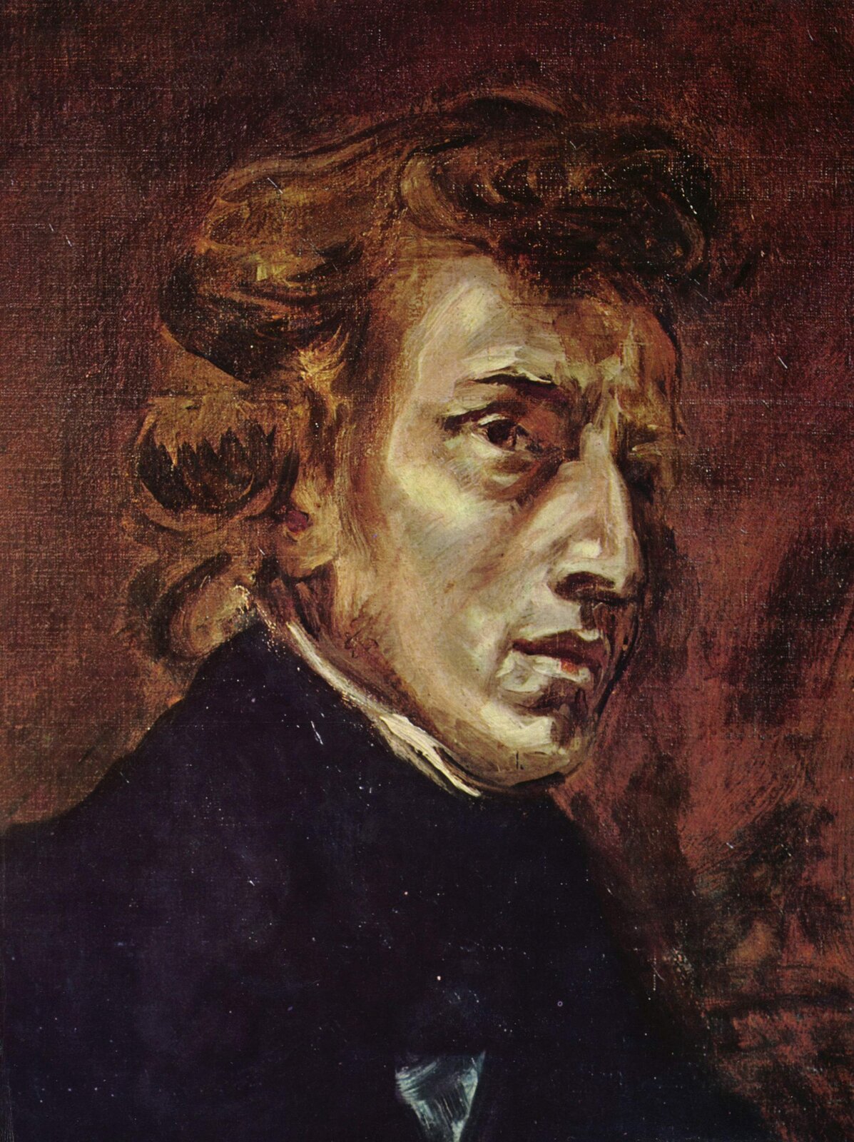 Ilustracja przedstawia portret Fryderyka Chopina namalowanego przez Eugène Delacroix. Kompozytor ma lekko spiczasty nos. Włosy lokowane, dłuższe w kolorze brązu. Ubrany w ciemny garnitur.
