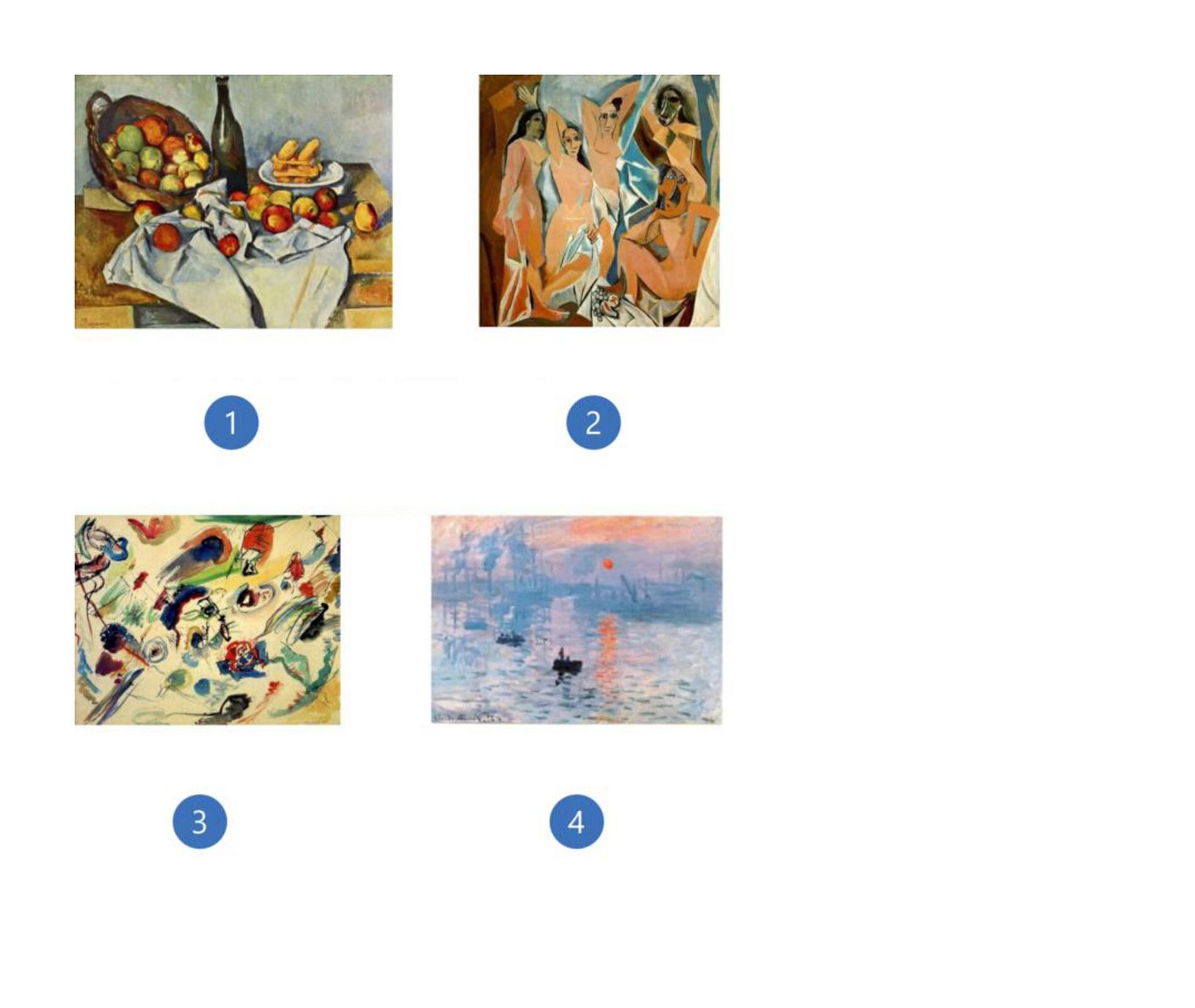 1. Paul Cézanne, Kosz jabłek, 1895, Instytut Sztuki w Chicago, Chicago, USA 2. Pablo Picasso, Panny z Awinionu, 1907, Muzeum Sztuki Nowoczesnej (MoMA), Nowy Jork, USA 3. Wassily Kandinsky, bez tytułu (Pierwsza abstrakcja), 1910, Georges Pompidou Centre, Paryż, Francja 4. Claude Monet, Impresja, wschód słońca, 1872, Musée Marmottan Monet, Paryż, Francja