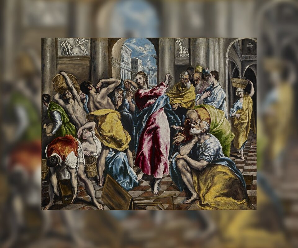 Obraz przedstawia wnętrze świątyni, w której zgromadzonych jest wiele osób. Na środku jest mężczyzna, w czerwono‑niebieskich szatach, który zamachuje się trzymając w ręku jakby sznur. Inni przybierając różne pozy osłaniają się. Jedni upadają, inni są pochyleni i wygięci. W rękach trzymają kosze oraz inne przedmioty.