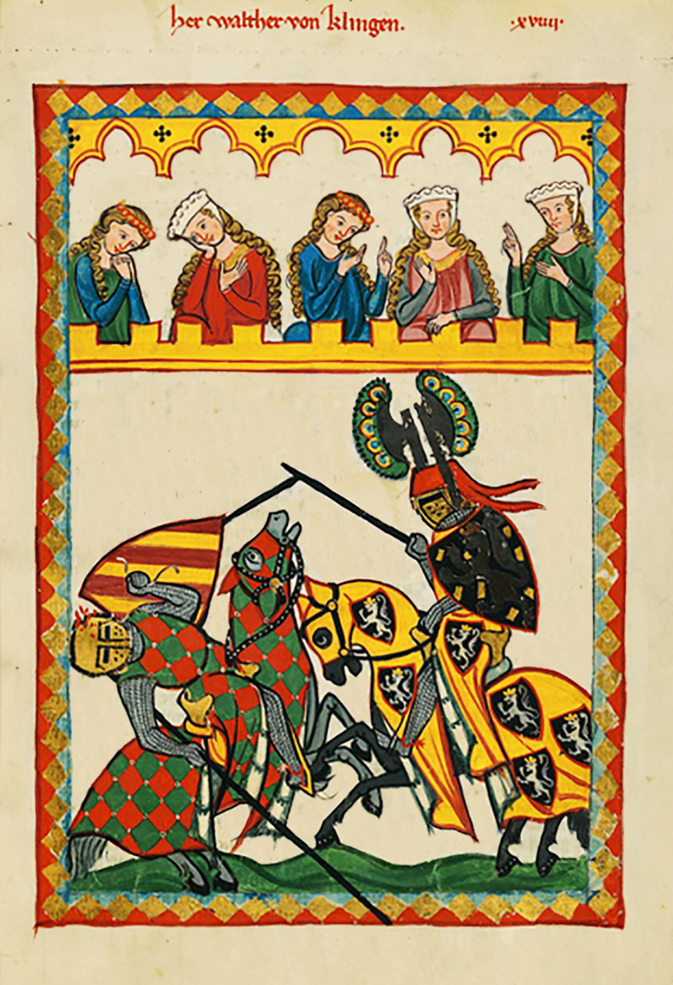 Na ilustracji przedstawiono dwóch rycerzy. Są w zwarciu, walczą kopiami. Siedzą na koniach. W górze widać pięć kobiet. Ubrane są w suknie. Mają splecione włosy w warkocze. Na głowie noszą czepce, albo obręcze. Każda z nich ma inną pozę. Gestykulują rękami, albo opierają na nich twarz w pozycji zatroskania. 