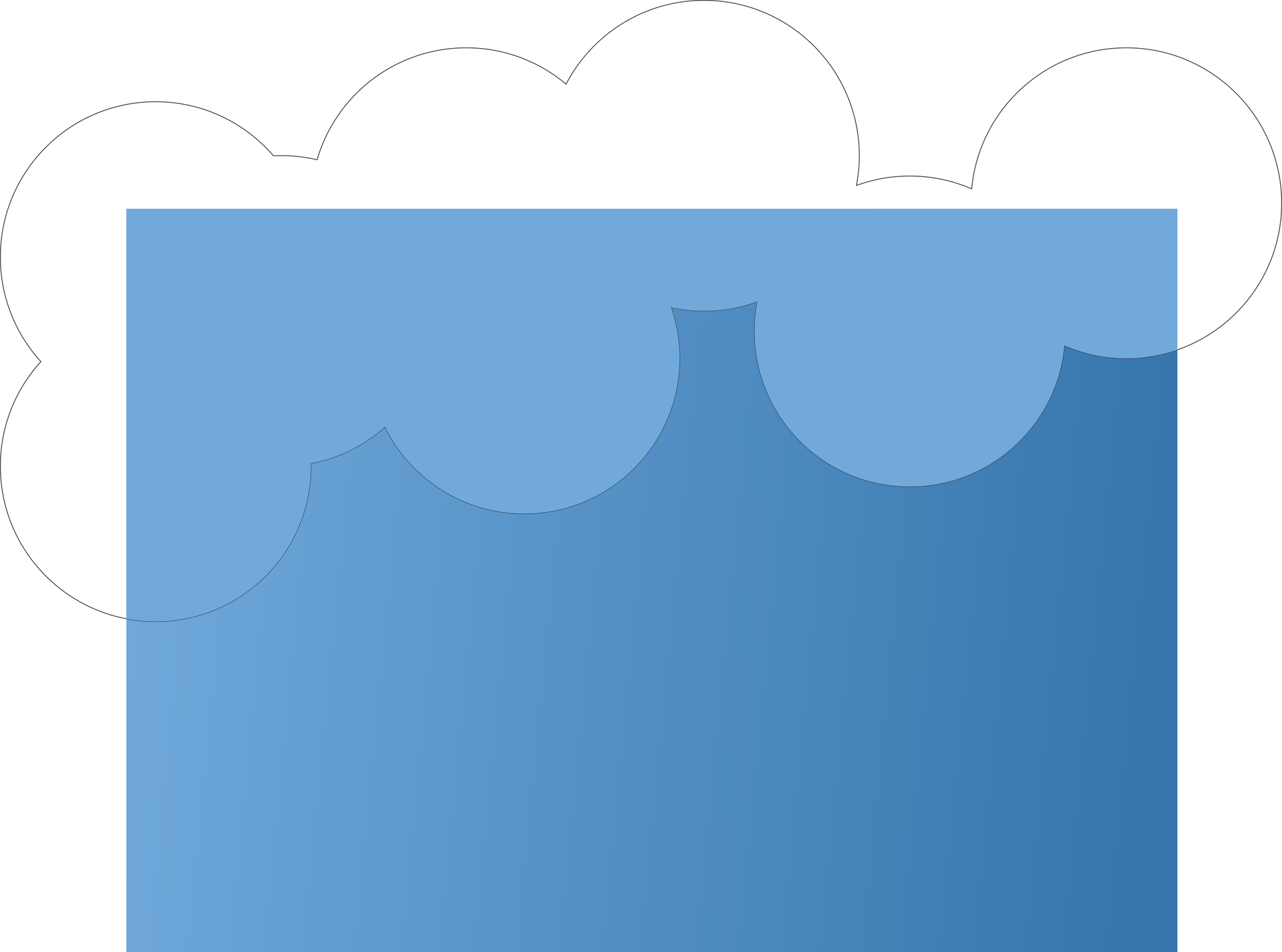 Obraz przedstawia gradient z koloru jasnoniebieskiego do lekko ciemniejszego niebieskiego odcieniu. Na górnej krawędzi rozmieszczono różne okręgi, które wielokrotnie się przecinają oraz wewnętrznie nie posiadają linii oznaczających granice kół. Wypełniono te okręgi lekkim i przeźroczystym białym kolorem.