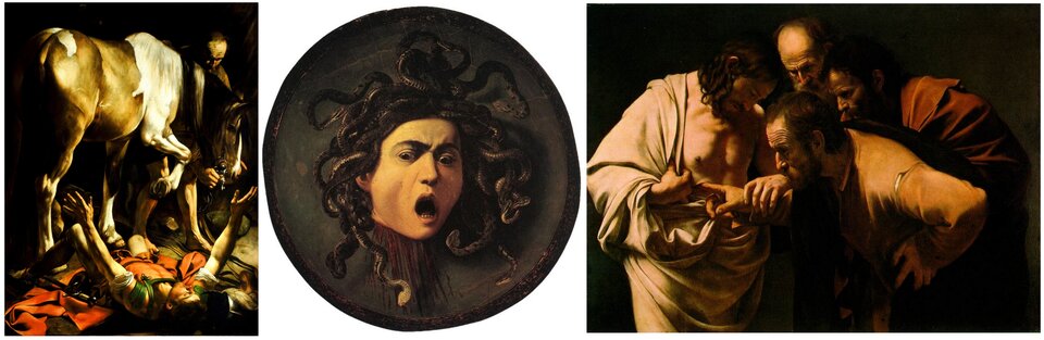 Ilustracja prezentuje trzy obrazy. Obraz pierwszy przedstawia dwóch mężczyzn i konia. Jeden z mężczyzn leży na wznak na ziemi. Unosi do góry ręce. Tuż przy nim stoi koń, trzymany za uzdę przez drugiego mężczyznę. Obraz drugi przedstawia głowę młodej kobiety. Ma szeroko otwarte usta, jakby krzyczała. Jej oczy są szeroko otwarte, czoło zmarszczone. Z szyi tryska w dół krew. Zamiast włosów ma wijące się węże. Obraz trzeci przedstawia czterech mężczyzn stojących blisko siebie. Po lewej stronie stoi dojrzały mężczyzna (Jezus) z pochyloną głową, który odsłania szatę i pokazuje ranę na piersi.  Naprzeciw niego stoi schylony dojrzały mężczyzna (apostoł Tomasz), który dotyka palcem rany, przypatruje się jej. Za jego plecami są jeszcze dwaj mężczyźni, którzy także przyglądają się scenie. 