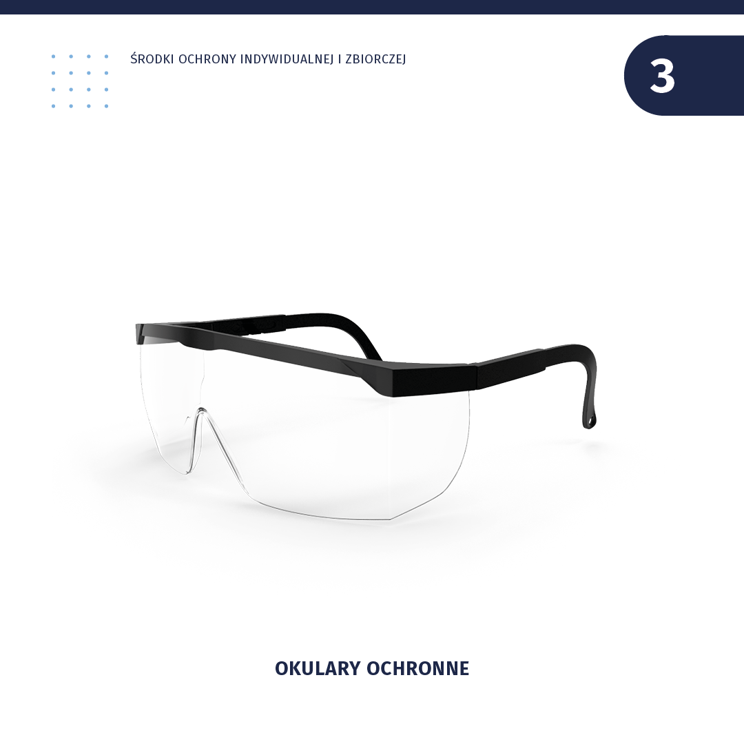 Ilustracja przedstawia okulary ochronne. Mają przezroczyste szkła i ciemną ramkę.