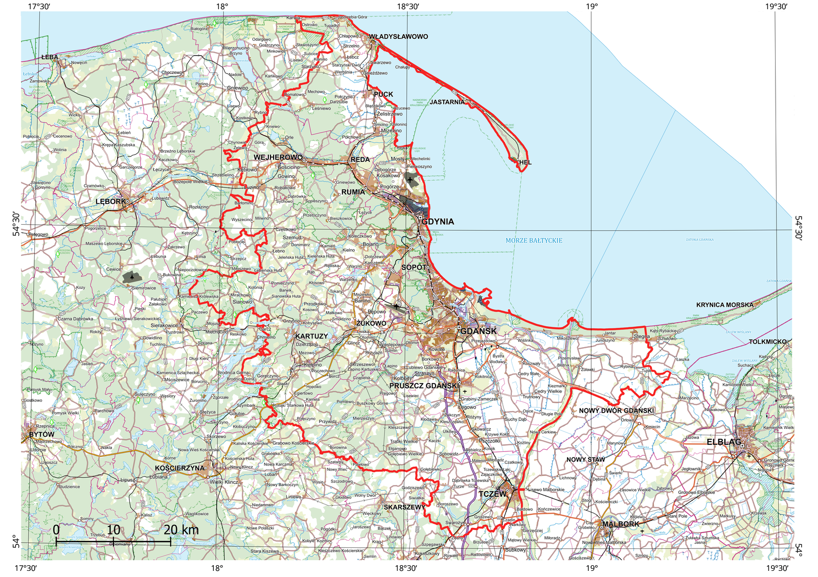 Mapa prezentująca obszar Trójmiasta. Siatka południków i równoleżników co trzydzieści minut. Obszary zabudowane oznaczono kolorem brązowym, lasy zielonym, granice obszaru oznaczono czerwoną linią. Do mapy dołączona legenda z objaśnieniami kolorów i sygnatur użytych na mapie.