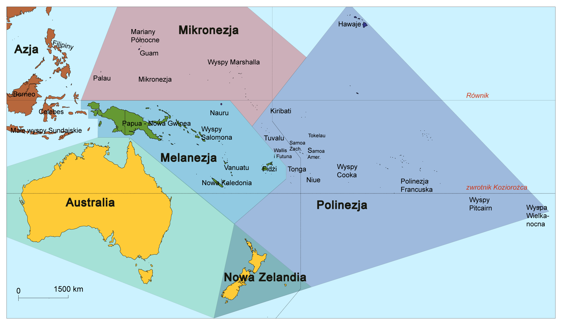 Mapa przedstawiająca Australię i podział wysp Oceanii na Oceanie Spokojnym. Na północny wschód od Australii znajduje się Melanezja, w skład której wchodzi Papua‑Nowa Gwinea, Nauru, Wyspy Salomona, Vanuatu, Fidżi, Nowa Kaledonia. Jej północną granicę wyznacza równik. Na północ od Melanezji znajduje się Mikronezja. Wśród opisanych wysp wyszczególniono Mariany Północne, Guam, Palau, Federację Mikronezji, Wyspy Marshalla. Na południe od Melanezji i na południowy wschód od Australii znajduje się Nowa Zelandia. Na wschód od Mikronezji, Melanezji i Nowej Zelandii znajduje się największy obszar, zbliżony wielkością do pozostałych łącznie (uwzględniając Australię) nazywany Polinezją. Wyszczególniono na nim Hawaje, Kiribati, Tuvalu, Wallis i Futunę, Samoa Zachodnie, Samoa Amerykańskie, Tokelau, Tonga, Niue, Wyspy Cooka, Polinezję Francuską, Wyspy Pitcairn, Wyspę Wielkanocną.