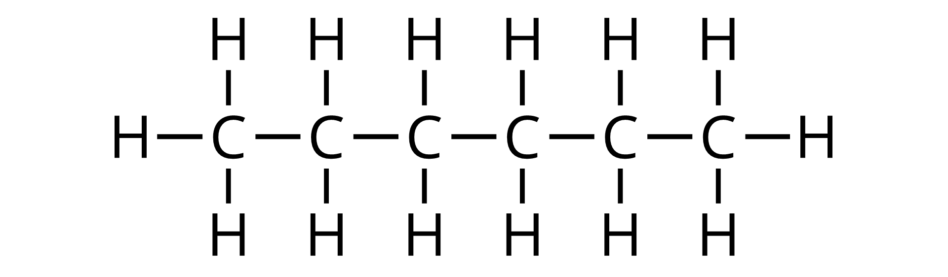 Na ilustracji jest wzór strukturalny heksanu: sześć atomów węgla łączy się ze sobą wiązaniem pojedynczym. Zewnętrzne atomy węgla łączą się z trzema atomami wodoru. Pozostałe atomy węgla łączą się z dwoma atomami wodoru.  
