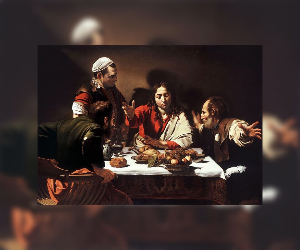 Obraz przedstawia stół przykryty białym obrusem zastawiony różnymi potrawami. Mężczyzna siedzący w środku za stołem ma długie włosy, opadające na ramiona. Ubrany jest w czerwono‑białe szaty. Mężczyzna wyciąga do przodu, nad stół prawą rękę. Jeden z mężczyzn stoi nad nim i patrzy. Dwóch pozostałych siedzi po bokach. Starszy rozkłada ramiona, drugi próbuje wstać, opierając się rękoma o podłokietniki krzesła, na którym siedzi.