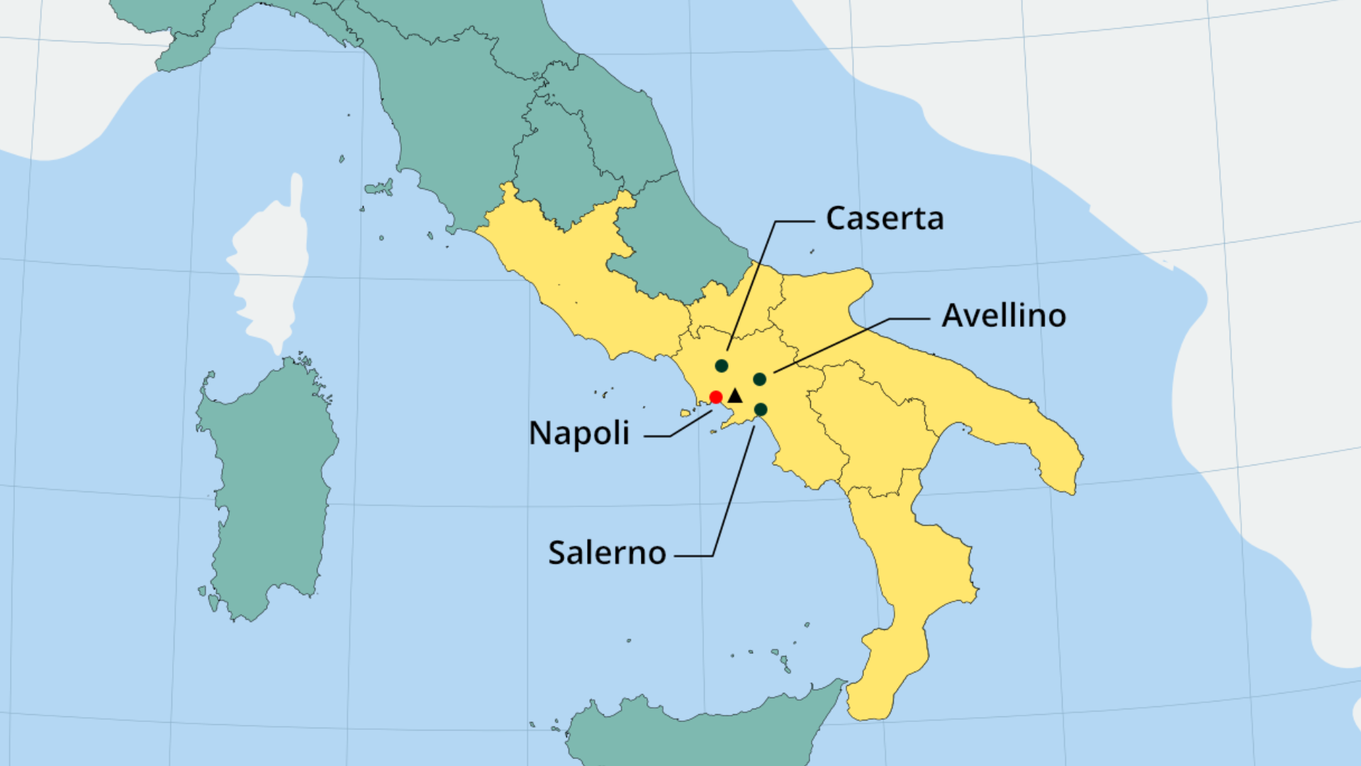 Grafika przedstawia mapę Włoch z podziałem na regiony. Na mapie oznaczone są punkty i nazwy czterech miast Kampanii: Neapolu, Salerno, Caserty, Avellino.