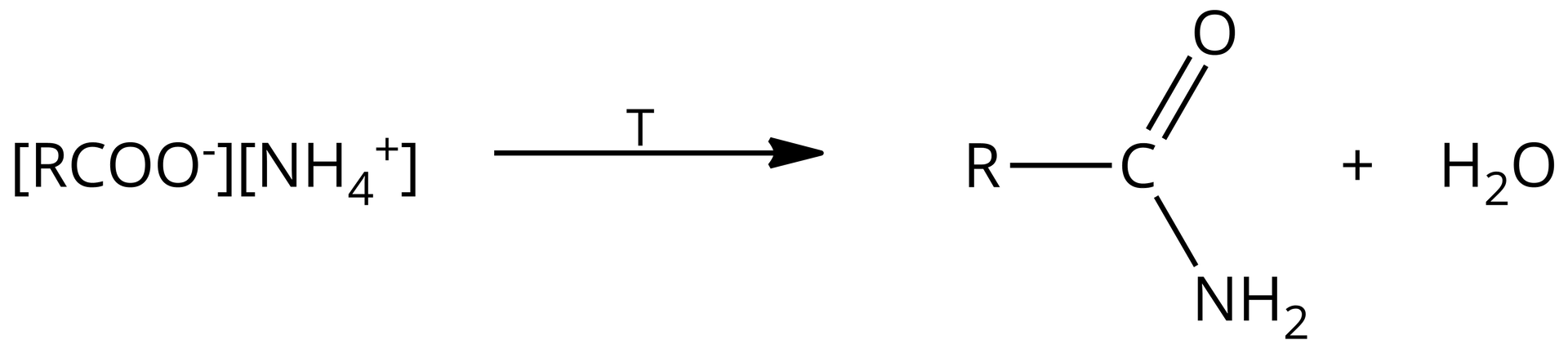 Na ilustracji jest równanie reakcji:                                    R           C           O           O                             −                                                               N           H                             4                             −                              pod wpływem temperatury daje związek o wzorze R wiązanie pojedyncze do atomu węgla, atom węgla łączy się wiązaniem podwójnym z atomem tlenu oraz wiązaniem pojedynczym z grupą                N       H                 2         . Powstaje także cząsteczka wody. 