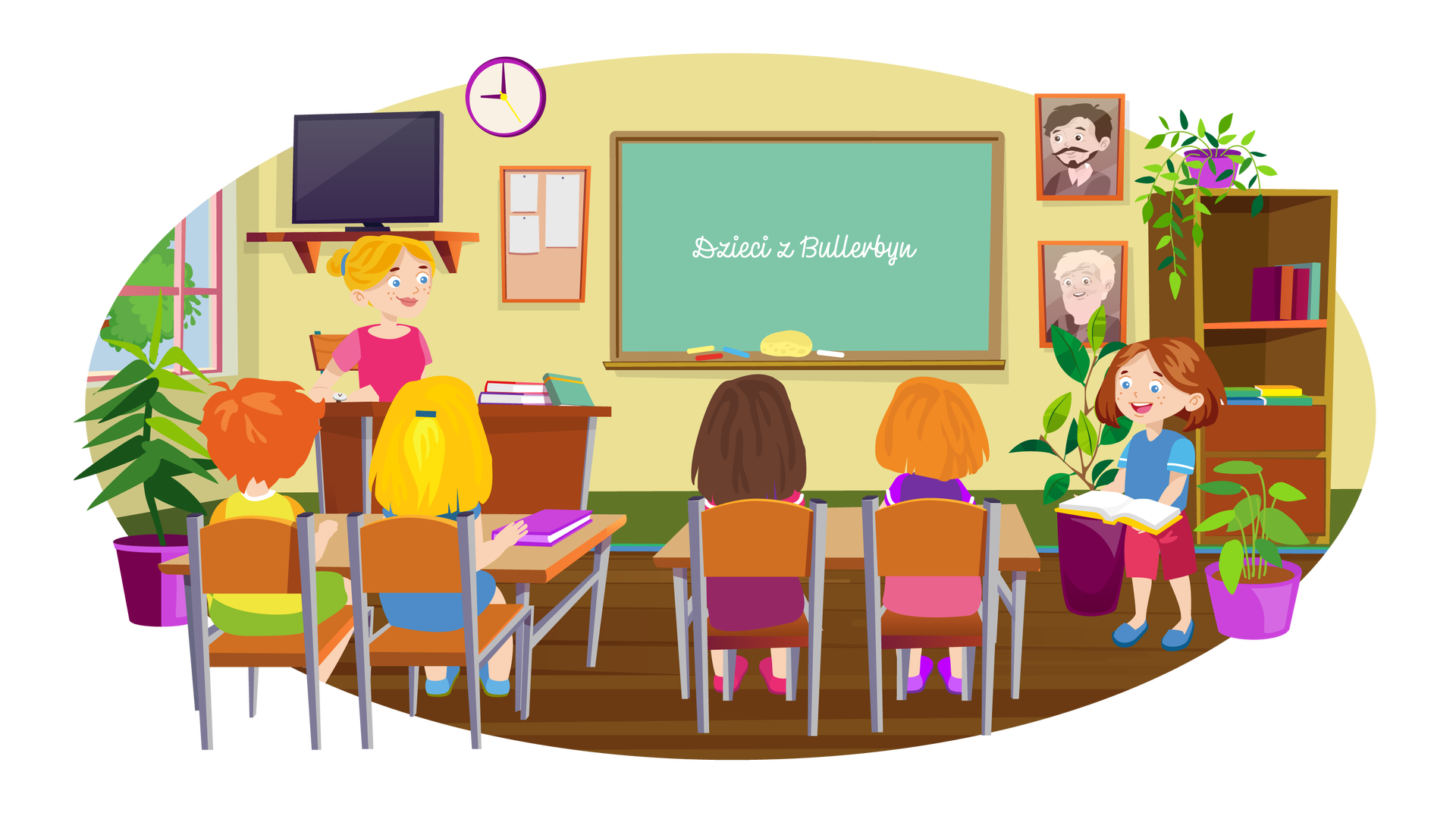 Ilustracja przedstawia klasę szkolną. W tle widać jasnożółtą ścianę, na środku której wisi duża zielona tablica w brązowej ramie, z białym napisem na środku: „Dzieci z Bullerbyn”. Pod nią znajduje się długa brązowa półka, na której leżą żółta gąbka i cztery kawałki kredy – żółty, czerwony, niebieski i biały. Na lewo od tablicy wisi okrągły fioletowy zegar ze wskazówkami i jasnopomarańczowa tablica w pomarańczowej ramie. Są do niej przyczepione trzy puste białe kartki. Po lewej stronie ilustracji do ściany przymocowana jest brązowa półka, na której stoi czarny płaski telewizor. Na prawo od tablicy wiszą dwa portrety w pomarańczowych ramkach. Są one wykonane w różnych odcieniach brązu. Górny przedstawia czarnowłosego mężczyznę z długimi wąsami i krótką bródką. Jest on ubrany w koszulę z kołnierzykiem i sweter zakładany przez głowę. Ma pogodny wyraz twarzy. Dolny portret przedstawia blondwłosego mężczyznę z wąsami i długą brodą. Jest ubrany we wzorzysty sweter. Uśmiecha się szeroko. Po prawej stronie ilustracji stoi przy ścianie wysoki brązowy regał z dwiema półkami i dwiema szufladami. Na górnej półce stoi kilka książek, a na dolnej leży kilka kolejnych. Na samej górze regału stoi zielona roślina w fioletowej donicy. Dwie kolejne, nieco większe zielone rośliny w fioletowych donicach stoją na ciemnobrązowej podłodze przed regałem. Jeszcze jedna znajduje się po lewej stronie ilustracji. Za nią jest okno, przez które widać koronę drzewa liściastego na tle błękitnego nieba. Pod półką z telewizorem stoi brązowe biurko. Na jego blacie znajdują się trzy książki. Za biurkiem siedzi na brązowym krześle nauczycielka. Ma blond włosy upięte z w kok z tyłu głowy. Jest ubrana w ciemnoróżową bluzkę z krótkimi rękawami. Na jej prawym nadgarstku widać zegarek. Kobieta uśmiecha się i patrzy na Maję, która stoi po prawej stronie ilustracji, przed regałem. Dziewczynka trzyma w rękach otwartą książkę, którą czyta całej klasie. Na pierwszym planie stoją tyłem dwie brązowe ławki, a przy nich cztery brązowe krzesła, na których siedzą dzieci. Na krześle po lewej stronie siedzi Franek. Obok niego jest dziewczynka o blond włosach częściowo upiętych w luźną kitkę, a częściowo rozpuszczonych. Jest ubrana w niebieską sukienkę z krótkimi rękawami i niebieskie buty. Prawą dłoń opiera o fioletową książkę leżącą na ławce. Przy drugiej ławce siedzi po lewej stronie dziewczynka o brązowych włosach. Jest ubrana w ciemnoróżową bluzkę z krótkimi rękawami, krótkie ciemnofioletowe spodnie i ciemnoróżowe buty. Obok niej, po prawej stronie, siedzi jeszcze jedna dziewczynka, o rudych włosach. Jest ubrana w fioletową bluzkę z krótkimi rękawami, krótkie jasnoróżowe spodnie i fioletowe buty.