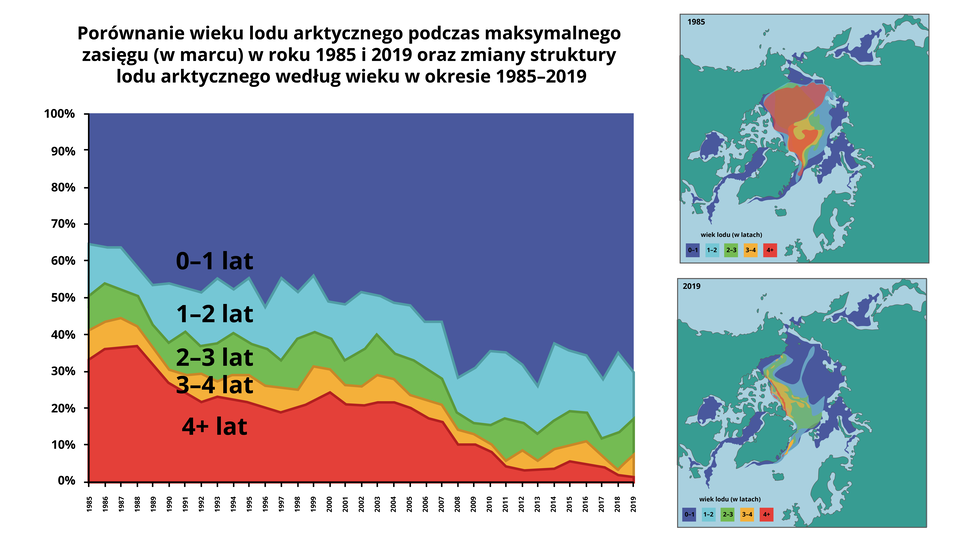 Grafika przedstawia porównanie wieku lodu arktycznego podczas maksymalnego zasięgu w marcu w roku 1985 i 2019 oraz zmiany struktury lody arktycznego według wieku w okresie od 1985 do 2019. Na przestrzeni tych lat spadał udział lodu w wieku ponad czterech lat z 30% do blisko 0%. Podobnie spadał procent lodu od 3 do czterech lat. W miarę stały udział miał lód od dwóch do trzech lat oraz lód od roku do dwóch lat. Natomiast zwiększył się udział lodu w wieku do roku. W 1985 roku lód w wieku ponad 4 lat zajmował większą część Ocean Arktycznego. Pomiędzy kontynentami zgromadzony był lód w wieku do roku. Natomiast w 2019 roku prawie wszędzie występuje lód w wieku do roku, istotne znaczenie miał jeszcze lód w wieku od dwóch do trzech lat zgromadzony na Oceanie Arktycznym.