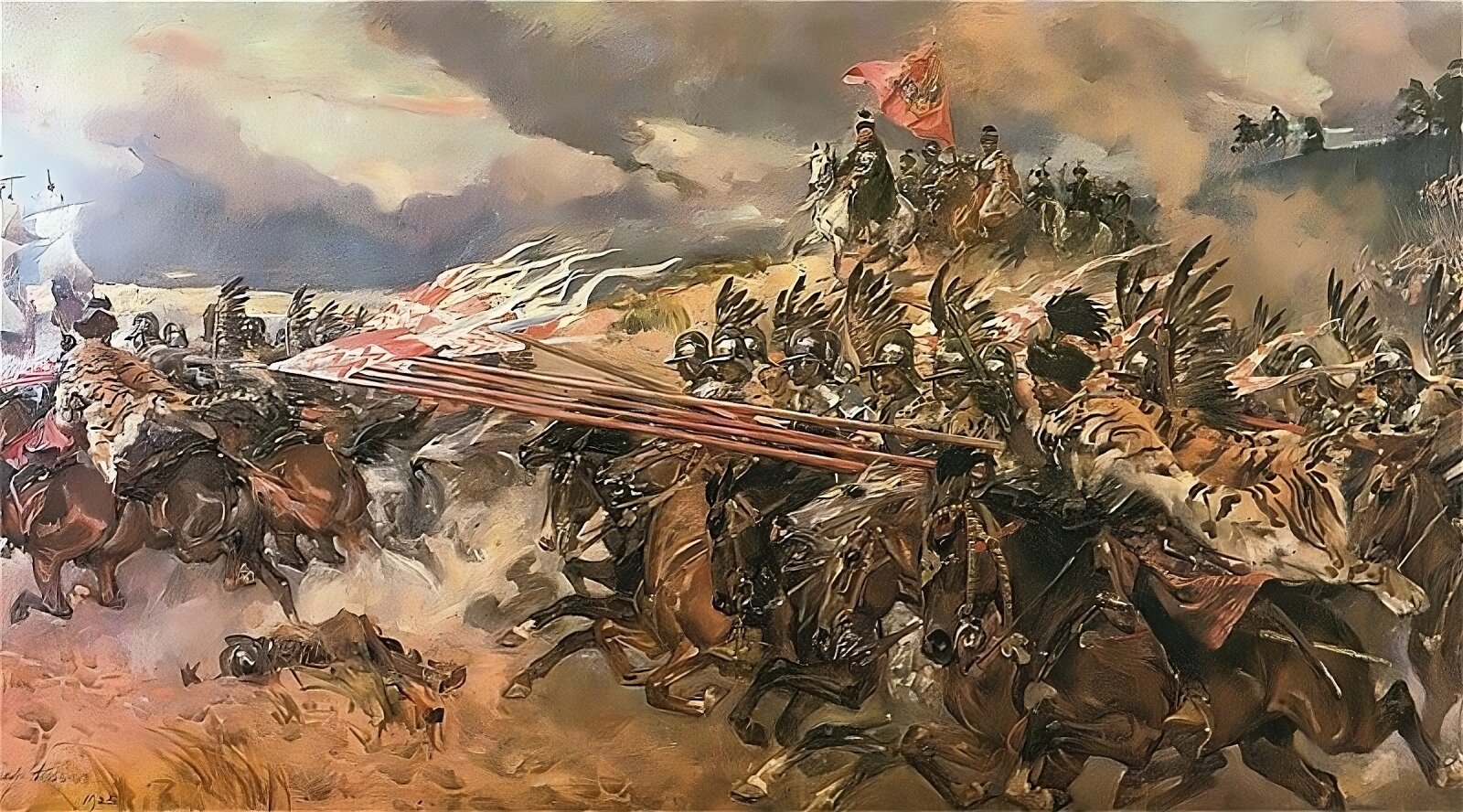 Na obrazie widoczna jest szarża polskich chorągwi husarskich podczas bitwy pod Kircholmem w 1605 roku. Na pierwszym planie widoczny jest cwał husarzy pod kierunkiem rotmistrza, zlokalizowanego po lewej stronie szeregu pędzących towarzyszy pierwszego rzędu, a na obrazie to pierwszy z prawej żołnierz. Husarze szarżują na lewą stronę obrazu. Kopie husarskie są wysunięte do przodu i zdobią je proporczyki. Przed szarżującymi, z lewej strony obrazu, znajduje się inna rota polskiej husarii. W tyle obrazu, na dalszym planie, na wzgórzu widoczna chorągiew hetmana Jana Karola Chodkiewicza, który wyszedł na czoło swoich wojsk i spogląda w dół na pędzących jeźdźców. Za nim chorąży unosi sztandar z wizerunkiem białego orła. Po lewej stronie obrazu, w oddali, widoczne szwedzkie okręty uciekające przed polskim wojskiem. 