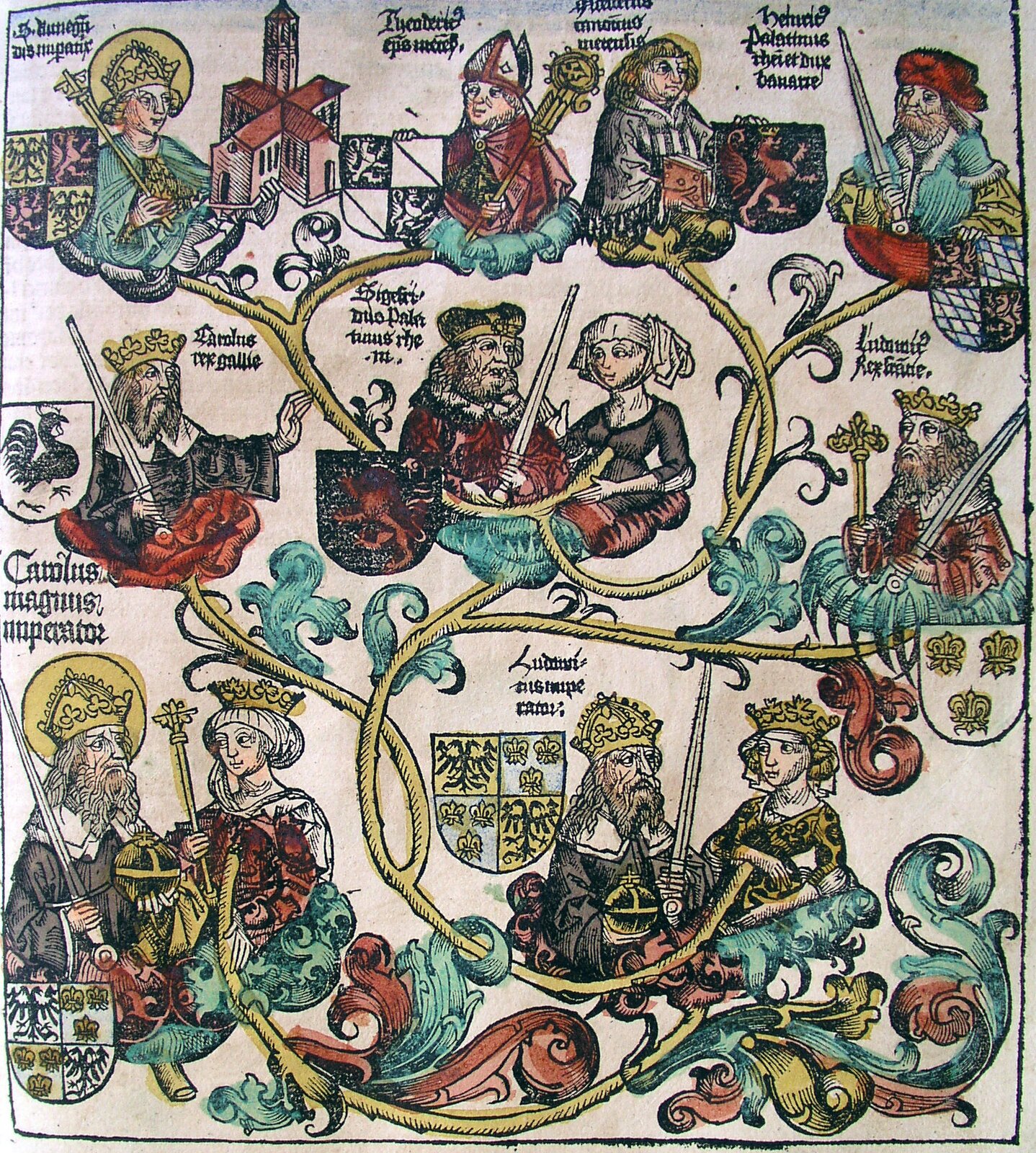 Drzewo genealogiczne, przedstawiające sylwetki dziewięciu mężczyzn i trzech kobiet. Mężczyźni przedstawieni w koronach, z długimi włosami i brodami, z mieczami u dłoni, lub książęcymi nakryciami głowy, bądź z tiarą biskupią. W dłoniach trzymają miecze, berła lub pastorały. Postacie męskie u dołu ilustracji oraz w środku mają za towarzyszki panie w strojach z epoki. Pary spoglądają na siebie. Każda para lub mężczyzna ma przypisany herb na tarczy. Całość objęta jest imitacją gałęzi z liśćmi. Przy postaciach, zapisane tekstem gotyckim, imiona członków rodu. 