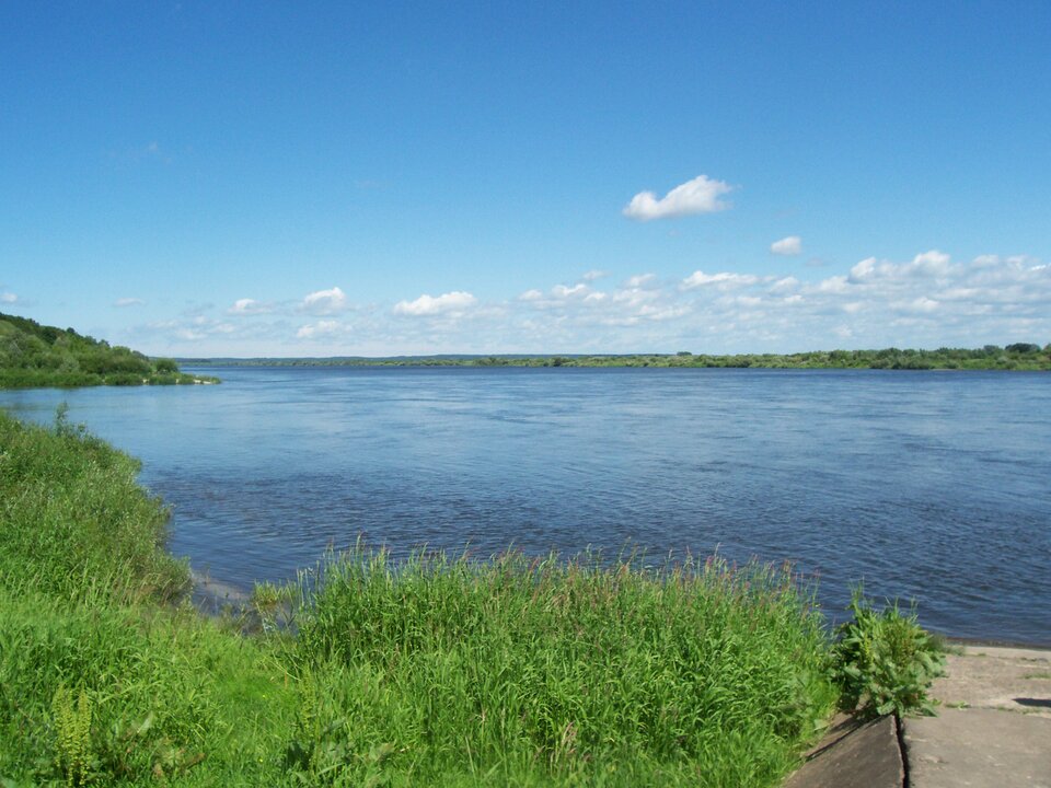 Zdjęcie szerokiej rzeki z bujną roślinnością na brzegach Zdjęcie wykonane z niskiego brzegu. Woda ciemnoniebieska, lekko pofalowana. Na pierwszym planie zieleń, a w tle widoczna równa linia horyzontu i błękitne niebo z pojedynczymi chmurami. Rzeka szeroka, spokojna, otoczona niską roślinnością łąkową i krzewami.