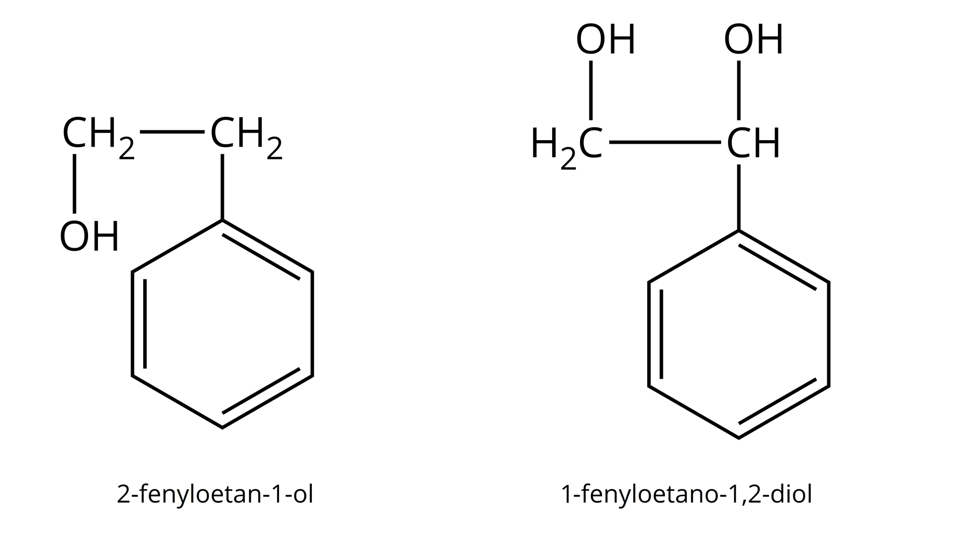 Na ilustracji są dwa wzory: po lewej stronie jest wzór 2‑fenyloetan‑1-olu - to sześcioczłonowy pierścień z trzema wiązaniami podwójnymi, łączy się u góry z grupą metylenową. Ta w lewo łączy się z kolejną grupą metylenową, która w dół łączy się z grupą OH. Drugi wzór to wzór 2‑fenyloetano‑1,2‑diolu - sześcioczłonowy pierścień z trzema wiązaniami podwójnymi łączy się u góry z grupa CH, ta w lewo łączy się z grupą metylenową. Każda z nich u góry łączy się z grupą OH.
