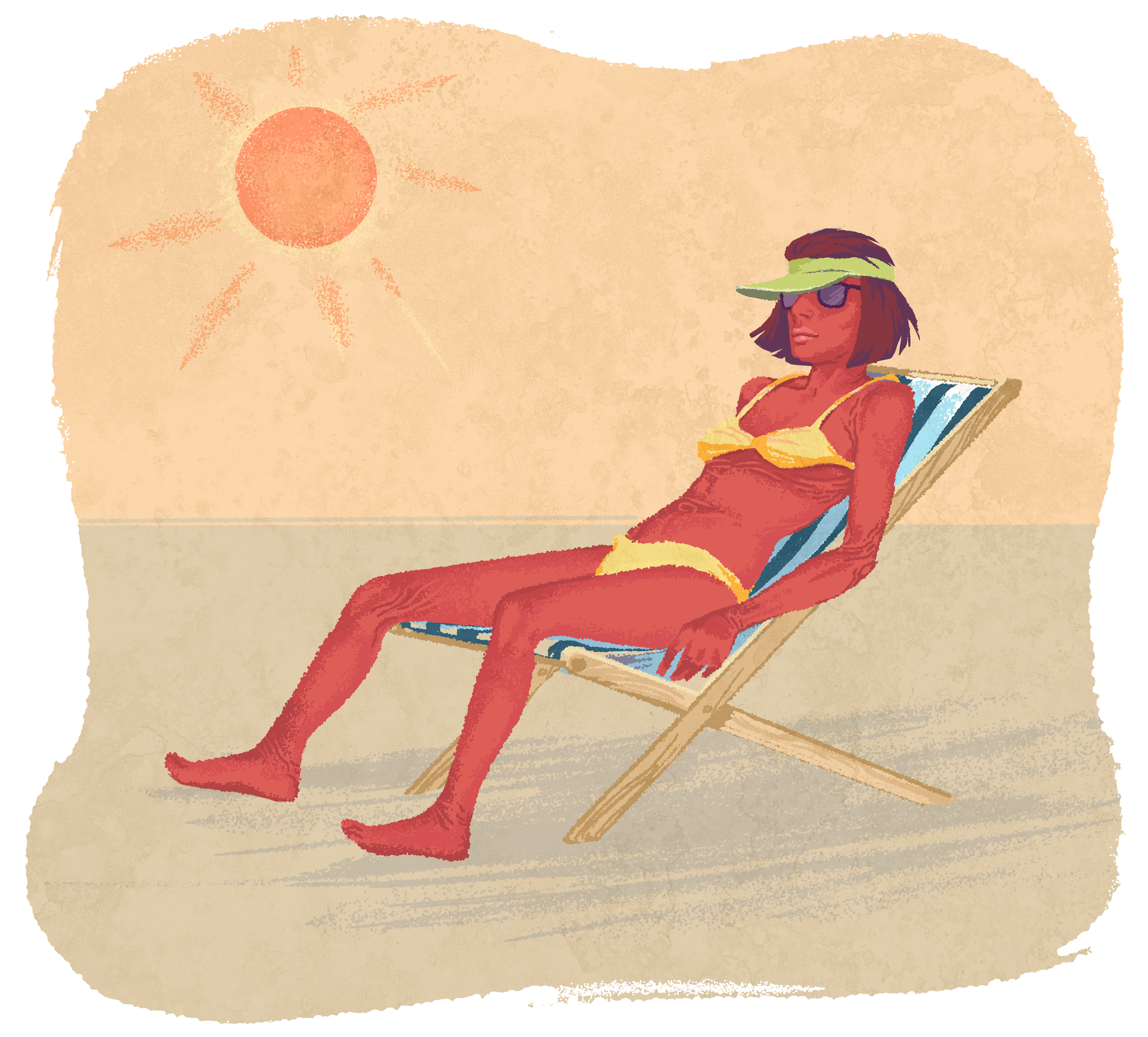 Na planszy widoczna jest mocno opalona, szczupła kobieta w żółtym kostiumie bikini, zielonym daszku na głowie i okularach przeciwsłonecznych opala się na leżaku w biało‑niebieskie paski. Tło ma piaskowe barwy. Na niebie słońce.