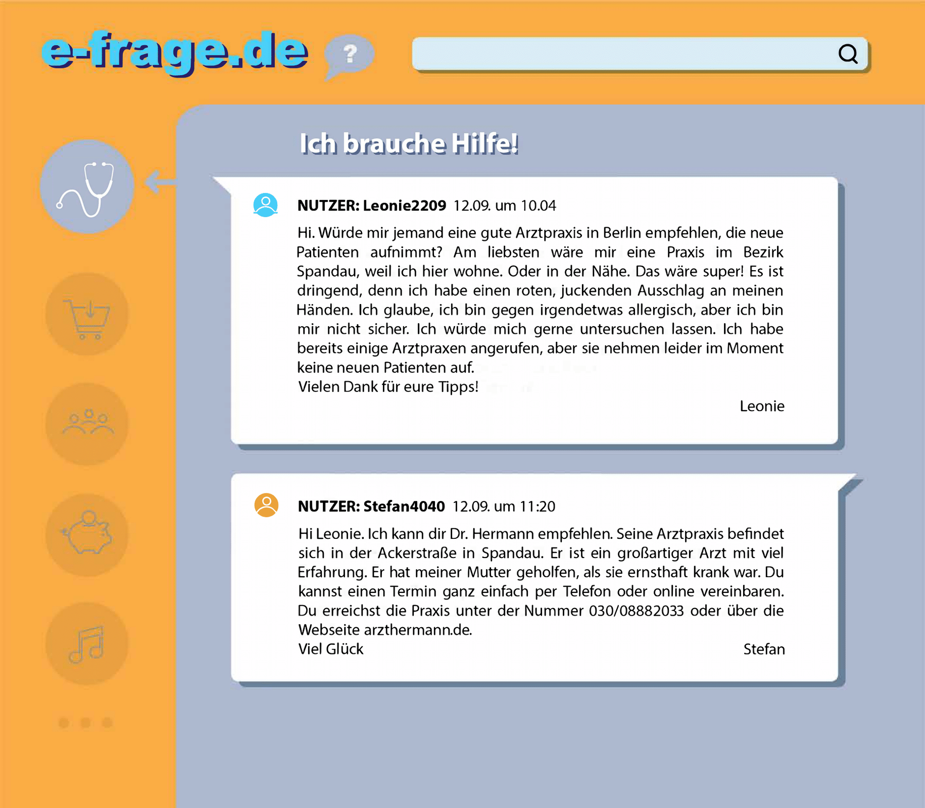 Ilustracja przedstawia zrzut ekranu strony e‑frage.de z widocznymi wpisami pomiędzy   Leonie i Stefanem pod tytułem   Ich brauche Hilfe!. Widoczny jest przebieg dialogu w postaci tekstu, gdzie wymieniają się oni wiadomościami.