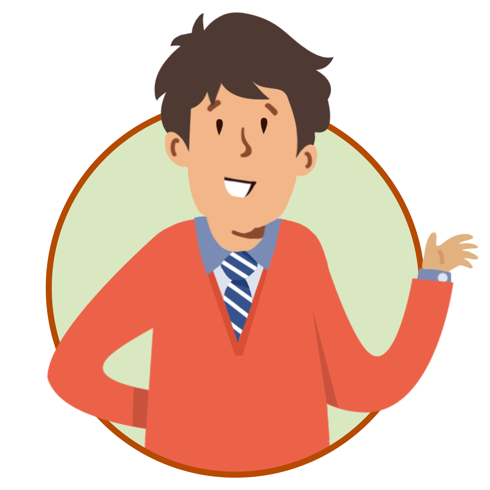 Ilustracja przedstawia uśmiechniętego chłopca w pomarańczowym swetrze. Jedną rękę unosi w geście powitania.