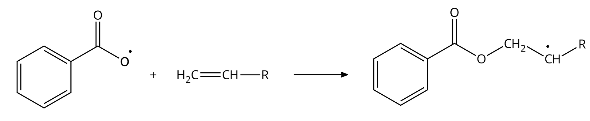 Ilustracja przedstawia otrzymywanie rodnika startowego. Po lewej stronie jedna cząsteczka rodnika benzoilowego budowa: sześcioczłonowy pierścień aromatyczny połączony z atomem węgla, tworzącym wiązanie podwójne z jednym atomem tlenu i wiązanie pojedyncze z drugim atomem tlenu, który posiada niesparowany elektron. Reaguje z jedną cząsteczką alkenu zbudowaną z grupy metylenowej połączonej za pomocą wiązania podwójnego z grupą CH podstawioną grupą R. W wyniku tej reakcji powstaje następujący rodnik: sześcioczłonowy pierścień aromatyczny połączony z atomem węgla, tworzącym wiązanie podwójne z jednym atomem tlenu i wiązanie pojedyncze z drugim atomem tlenu, który tworzy wiązanie z łańcuchem: grupa metylenowa wiązanie pojedyncze grupa  CH posiadającą niesparowany elektron w postaci kropki i podstawioną grupą R. 