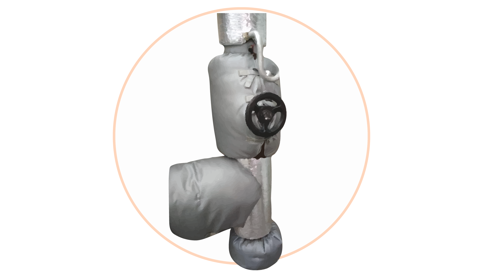 Grafika przedstawia błędnie wykonaną izolację zimnochronną zaworu pionowego - szczelinę. Pionowa rura pokryta jest izolacją. Pośrodku niej znajduje się okrągły zawór, od którego bieganie szczelina.