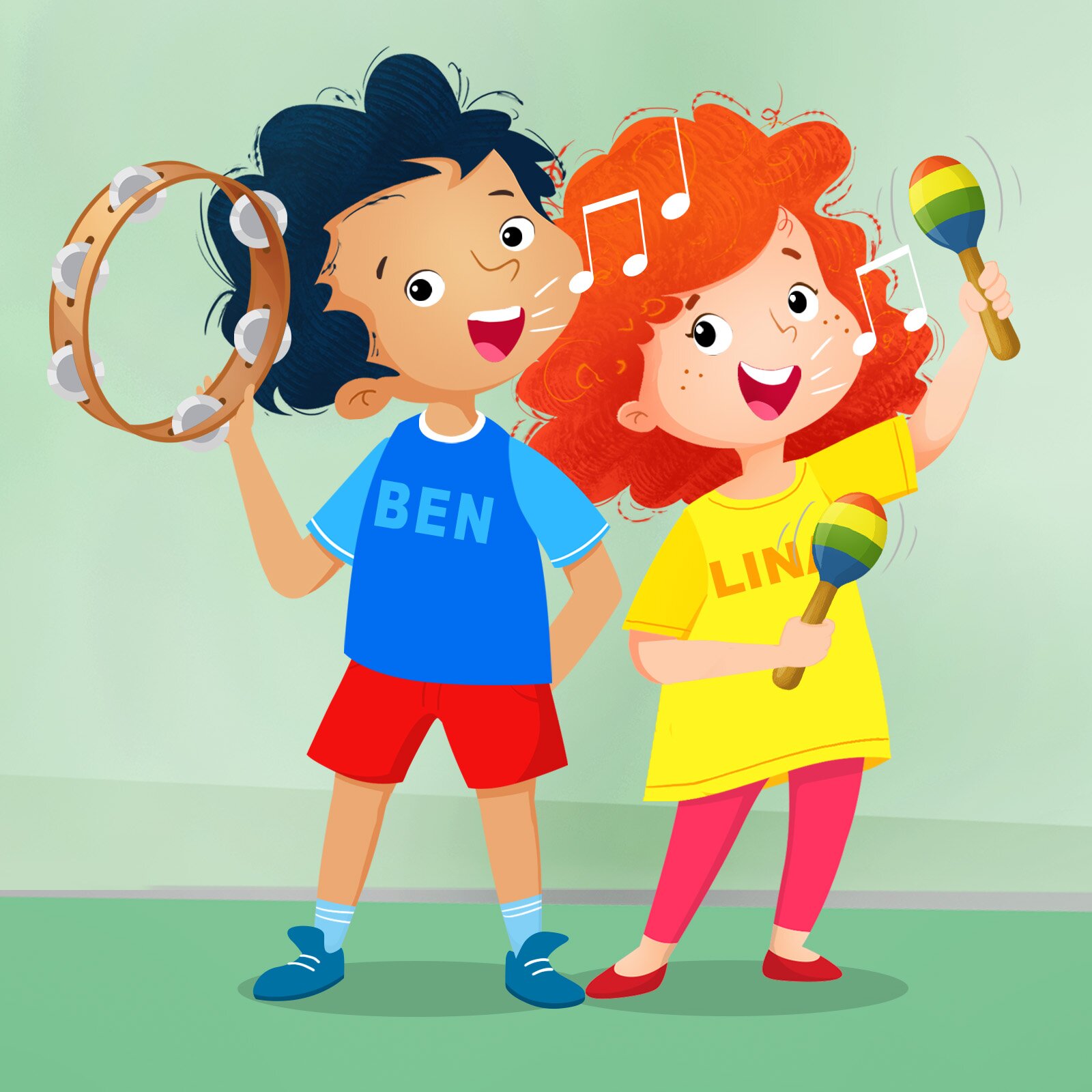 Ilustracja przedstawia chłopca i dziewczynę, którzy grają na instrumentach. Chłopiec trzyma tamburyn, a dziewczynka marakasy.