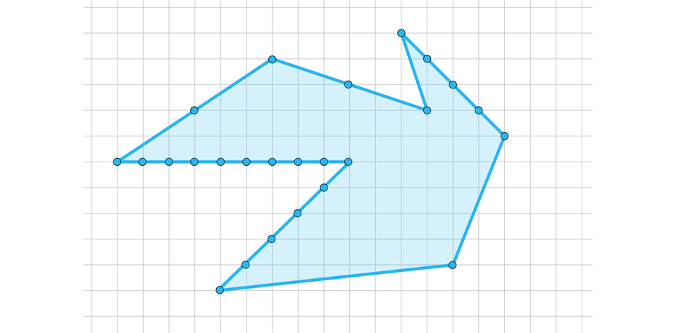 Na ilustracji przedstawiono zacieniowany wielokąt, umieszczony na płaszczyźnie układu współrzędnych. Odcinek jednostkowy jest równy jednej kratce. Wielokąt zbudujemy łącząc kolejno jego wierzchołki o następujących współrzędnych. Punkt pierwszy nawias, jeden, średnik, pięć, zamknięcie nawiasu, drugi nawias, dziesięć, średnik, pięć, zamknięcie nawiasu, trzeci nawias, pięć, średnik, zero, zamknięcie nawiasu, czwarty nawias, czternaście, średnik, jeden, zamknięcie nawiasu, piąty nawias, szesnaście, średnik, sześć, zamknięcie nawiasu, szósty nawias, dwanaście, średnik, dziesięć, zamknięcie nawiasu, siódmy nawias, trzynaście, średnik, siedem, zamknięcie nawiasu, ósmy nawias, siedem, średnik, dziewięć, zamknięcie nawiasu. Oprócz wymienionych punktów stanowiących wierzchołki zaznaczono także pozostałe punkty leżące na brzegu wielokąta. Kolejno nawias, dwa, średnik, pięć, zamknięcie nawiasu, nawias, trzy, średnik, pięć, zamknięcie nawiasu, nawias, cztery, średnik, pięć, zamknięcie nawiasu, nawias, pięć, średnik, pięć, zamknięcie nawiasu, nawias, sześć, średnik, pięć, zamknięcie nawiasu, nawias, siedem, średnik, pięć, zamknięcie nawiasu, nawias, osiem, średnik, pięć, zamknięcie nawiasu, nawias, dziewięć, średnik, pięć, zamknięcie nawiasu, nawias, dziewięć, średnik, cztery, zamknięcie nawiasu, nawias, osiem, średnik, trzy, zamknięcie nawiasu, nawias, siedem, średnik, dwa, zamknięcie nawiasu, nawias, sześć, średnik, jeden, zamknięcie nawiasu, nawias, piętnaście, średnik, siedem, zamknięcie nawiasu, nawias, czternaście, średnik, osiem, zamknięcie nawiasu, nawias, trzynaście, średnik, dziewięć, zamknięcie nawiasu, nawias, dziesięć, średnik, osiem, zamknięcie nawiasu, nawias, cztery, średnik, siedem, zamknięcie nawiasu. 