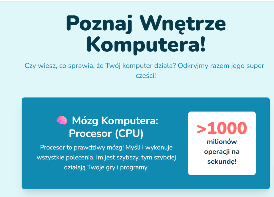 Materiał edukacyjny na zdjęciu przedstawia tytuł „Poznaj Wnętrze Komputera!”. Pod głównym nagłówkiem znajduje się informacja zachęcająca do odkrycia, co sprawia, że komputer działa. Poniżej umieszczono sekcję na niebieskim tle z rysunkiem mózgu i tekstem: „Mózg Komputera: Procesor (CPU)”. Opis wyjaśnia, że procesor jest „mózgiem” komputera, wykonuje polecenia i wpływa na szybkość działania gier i programów. Po prawej stronie w białym polu znajduje się liczba większe niż tysiąc milionów operacji na sekundę!.