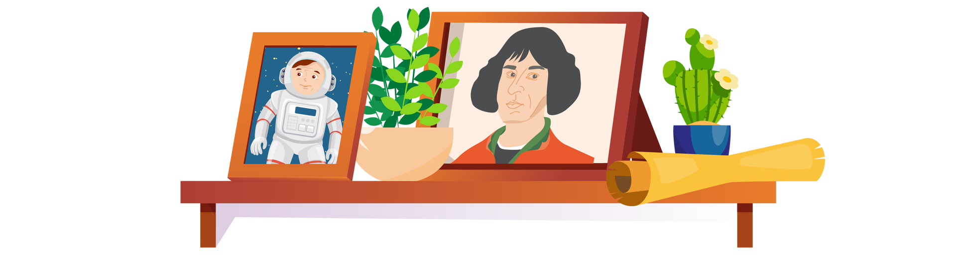 Ilustracja przedstawia brązową półkę, na której znajdują się różne przedmioty. Po lewej stronie stoi jasnobrązowa ramka z obrazkiem przedstawiającym astronautę w białym kombinezonie z okrągłym hełmem. W tle widać granatowe rozgwieżdżone niebo. Obok ramki jest zielona roślina w beżowej donicy, a dalej stoi kolejna brązowa ramka z portretem Mikołaja Kopernika. To mężczyzna o półdługich czarnych włosach. Jest ubrany w pomarańczową marynarkę ze stojącym ciemnozielonym kołnierzem. Po prawej stronie półki stoi zielony kaktus w granatowej donicy, a przed nim leży rulon papieru.