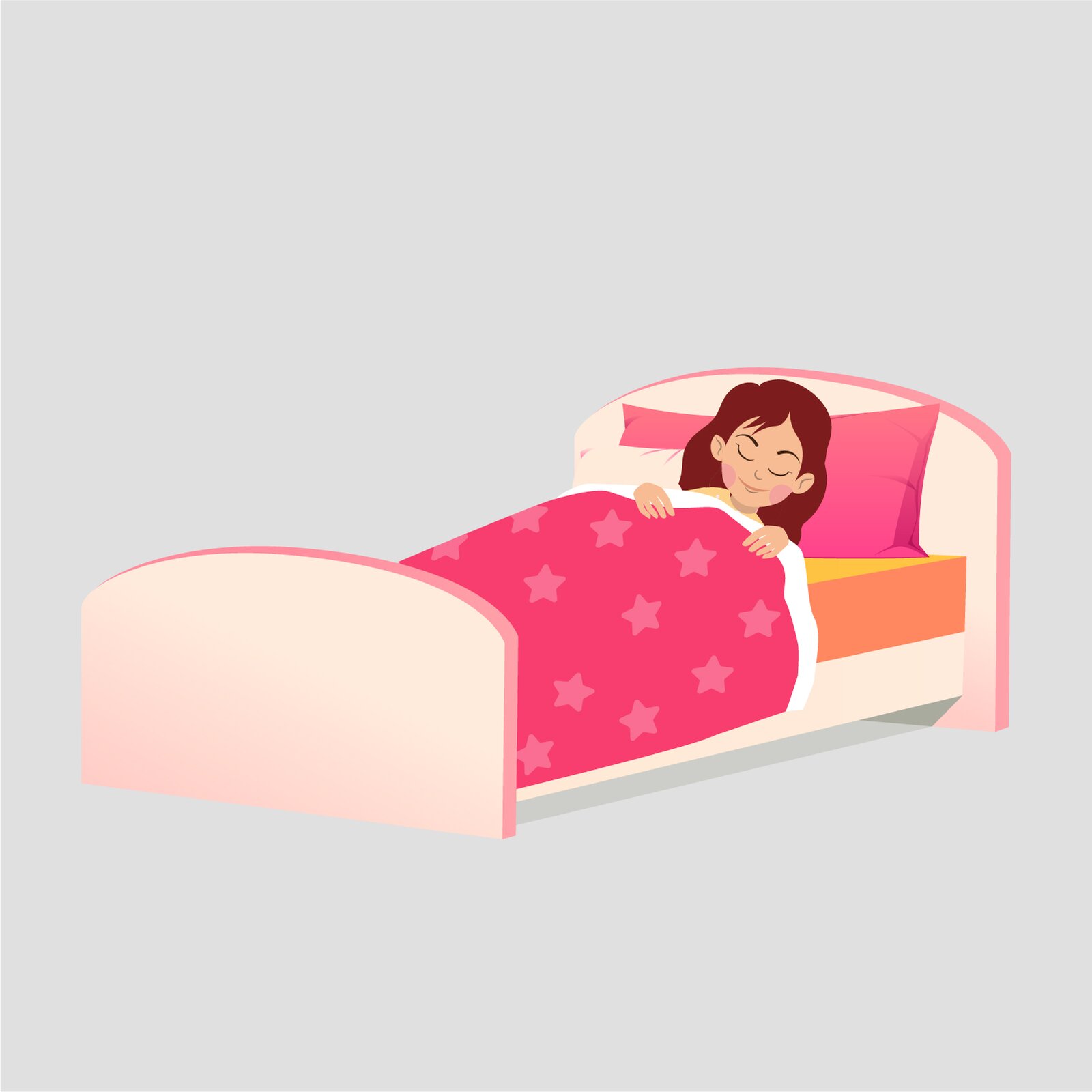 Ilustracja przedstawia Mię śpiącą w łóżku w różowej pościeli. 