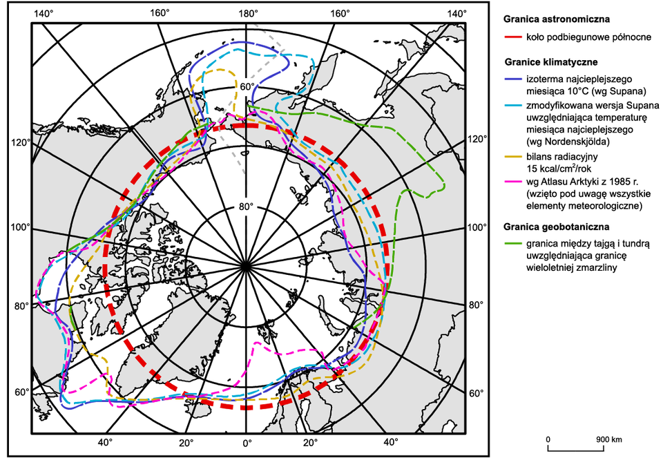 Mapa przedstawia granice w Arktyce. Na równoleżniku 66 stopni 33 minuty znajduje się koło podbiegunowe północne. Jest to granica astronomiczna. Zaznaczono też cztery granice klimatyczne. Izotermę najcieplejszego miesiąca 10 stopni Celsjusza według Supana. Zmodyfikowaną wersję Supana uwzględniającą temperaturę miesiąca najcieplejszego według Nordenskjolda. Bilans radiacyjny 15 kilokalorii na centymetr kwadratowy na rok. Według atlasu Arktyki z 1985 roku, gdzie wzięto pod uwagę wszystkie elementy meteorologiczne. Wszystkie te granice mają podobny przebieg. Podchodzą pod równoleżnik 50 stopni pomiędzy Azją a Ameryką Północną, przechodzą za kołem podbiegunowym w Azji i Europie, ponownie podchodzą pod równoleżnik 50 stopni w okolicach Grenlandii i Ameryki Północnej. Granica geobotaniczna między tajgą i tundrą uwzględniająca granicę wieloletniej zmarzliny przebiega od Kanady na równoleżniku 60 stopni, przechodzi za koło podbiegunowe w Ameryce Północnej. W Azji przebiega na równoleżniku około 55 stopni, potem schodzi za koło podbiegunowe, gdzie się kończy.