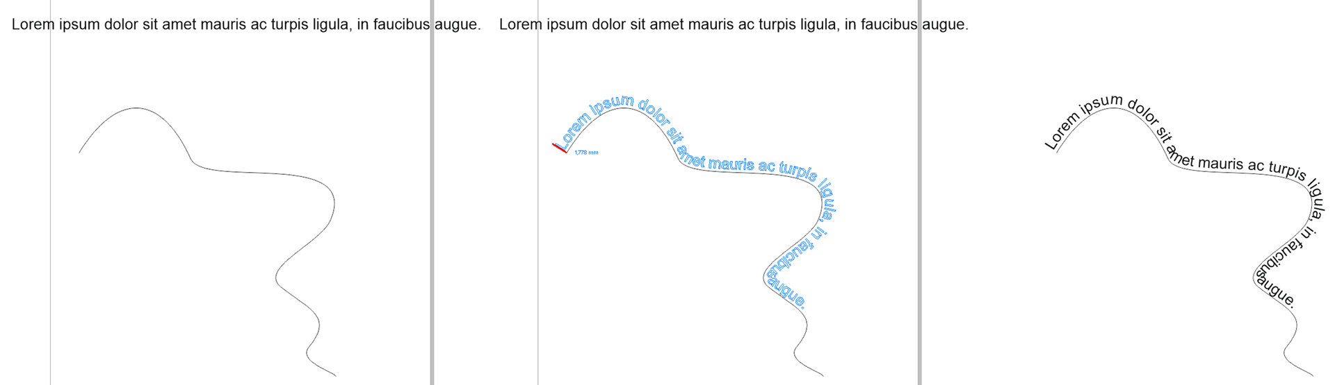 Zrzut ekranu przedstawia trzy linie.  Pierwszy zrzut ukazuje samą linię.  Drugi ukazuje linię i tekst przy jej krawędzi w kolorze niebieskim.  Na trzecim ukazana jest linia i tekst przy jej krawędzi w kolorze czarnym.
