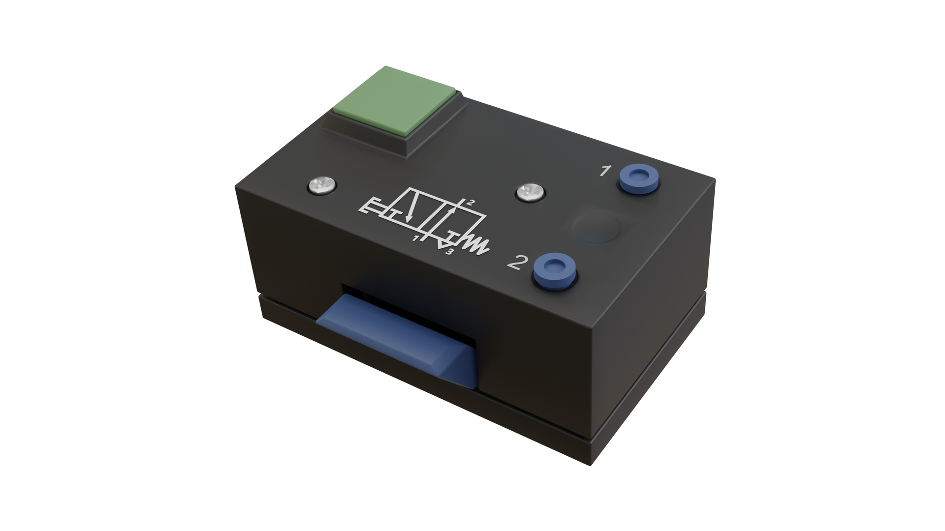 Grafika przedstawia zawór pneumatyczny sterowany ręcznie. Jest to prostopadłościenne urządzenie z włącznikiem.