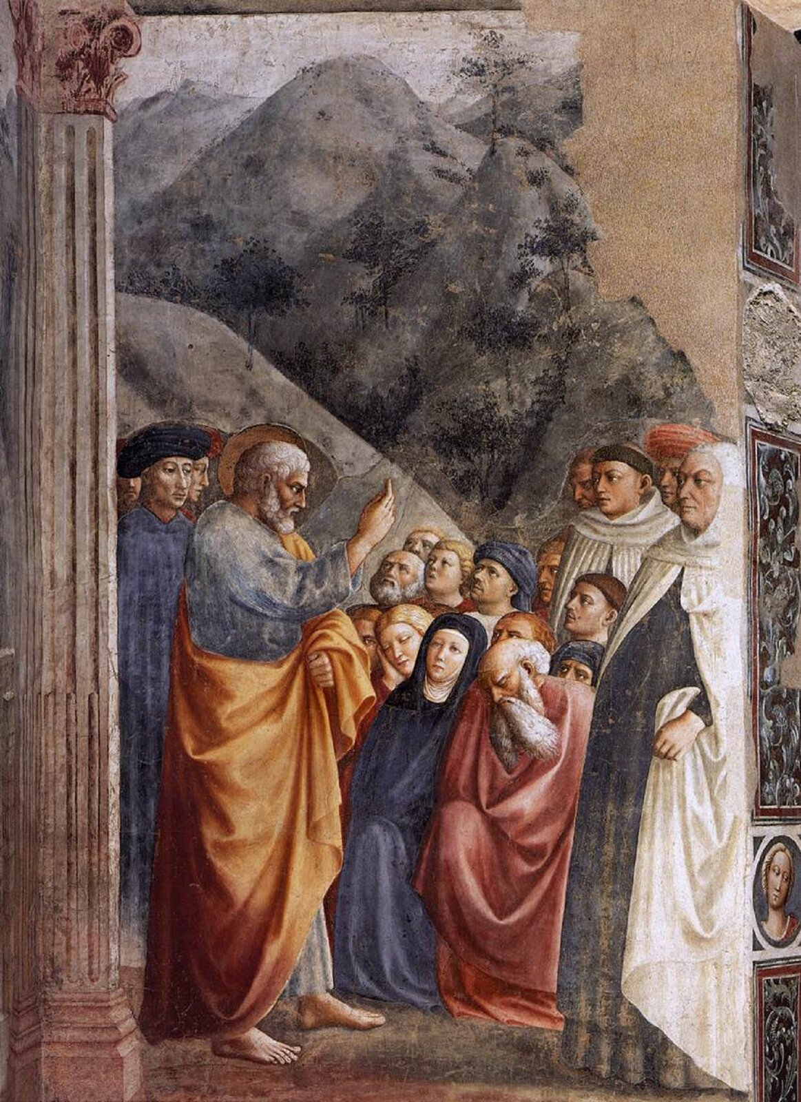 Ilustracja przedstawia fresk „Kazanie św. Piotra”, autorstwa Tommaso Masolina. W centrum wertykalnej kompozycji ukazana została wielopostaciowa scena na tle górzystego krajobrazu. Siwobrody mężczyzna w niebieskiej sukmanie, okrytej pomarańczowo‑żółtym płaszczem, wznosi prawą rękę do góry tak, jakby coś tłumaczył. Zgromadzone wokół Apostoła postacie kobiet i mężczyzn wpatrzone, wsłuchują się w jego słowa. Część z nich przykucnęła, natomiast pozostali stoją. Widz spogląda na scenę z wnętrza budowli. Na pierwszym planie po lewej stronie znajduje się fragment kanelowanego pilastra z korynckim kapitelem, natomiast po prawej namalowane zostało uchylone skrzydło drzwi z motywem roślinnym oraz portretem kobiety w kole. Dzieło utrzymane jest w wąskiej gamie ugrów, błękitów i czerwieni z mocnym akcentem pomarańczowo‑żółtego koloru płaszcza, który okrywa postać św. Piotra.
