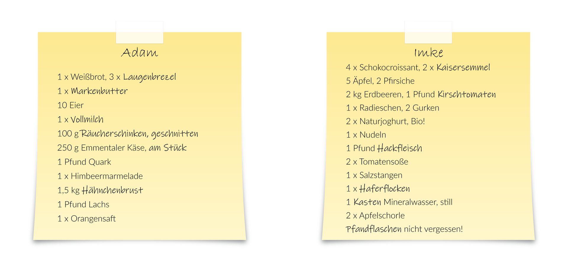 Ilustracja przedstawia dwie listy zakupów. Jedna z nich jest Adama, druga Imke. Transkrypcja list dostępna jest poniżej.