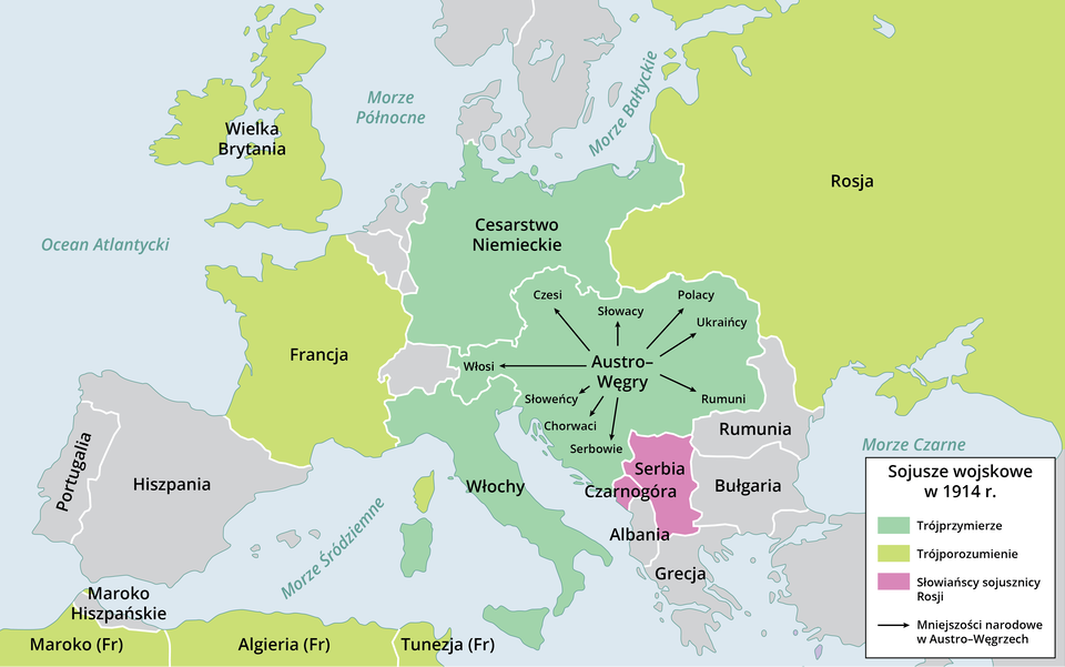 Mapa przedstawia sojusze wojskowe w 1914 roku. Trójprzymierze zajmowało teren dzisiejszych: Niemiec, Czech, Słowacji, Polski, Węgier, Chorwacji, Bośni i Hercegowiny, Włoch, Sycylii. Trójporozumienie: Rosja, Francja, Wielka Brytania, Tunezja, Algieria, Maroko. Słowiańscy sojusznicy Rosji: Serbia, Czarnogóra. Mniejszości narodowe w Austro‑Węgrzech: Czesi, Słowacy, Polacy, Ukraińcy, Rumunii, Serbowie, Chorwaci, Słoweńcy, Włosi. 