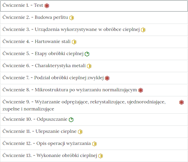 Zdjęcie przedstawia przykładowy wygląd zakładek zawierających interaktywne materiały sprawdzające. Składają się one z prostokątnych paneli umieszczonych jeden pod drugim. Każdy panel posiada numer oraz tytuł, który nawiązuje do zawartego w nim zadania.
