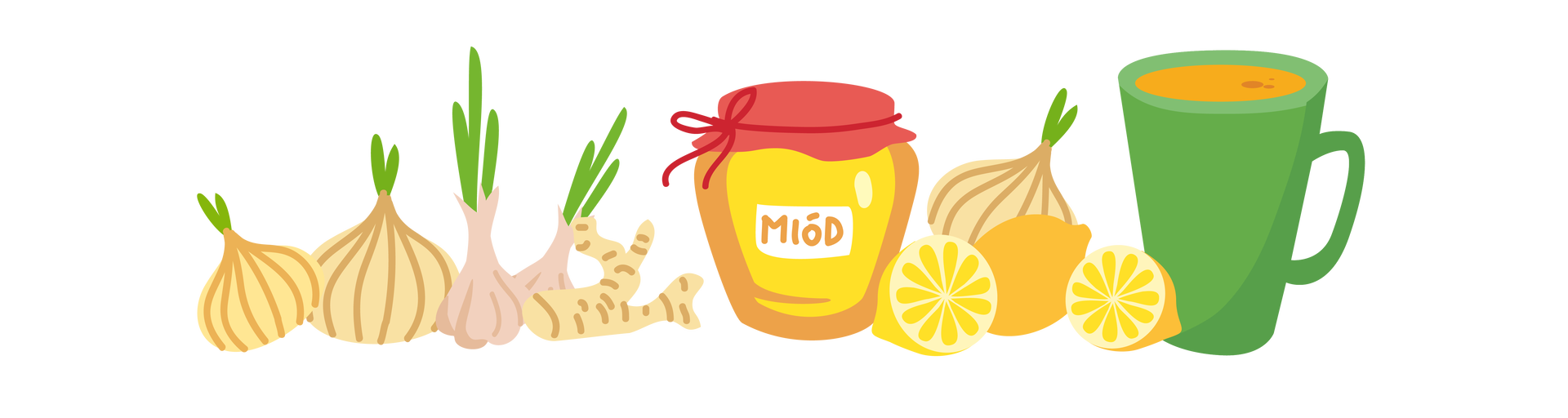 Ilustracja przedstawia naturalne produkty wspomagające leczenie w czasie choroby. Znajdują się na niej cebule, czosnek, cytryny, korzeń imbiru, słoik miodu i zielony kubek z napojem.