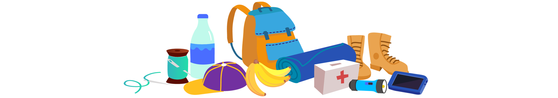 Ilustracja przedstawia przedmioty przydatne podczas wędrówki górskiej. Od lewej są to: fragment turkusowej nici nawleczony na igłę, brązowa szpulka z turkusową nicią i wbitą w nią drugą igłą, butelka wody, fioletowa czapka z jasnopomarańczowym daszkiem, cztery banany, pomarańczowo‑niebieski plecak, zwinięta w rulon granatowa karimata, czyli cienki materac turystyczny, biała apteczka z czerwonym krzyżem na środku, niebiesko‑czarna latarka, wysokie jasnobrązowe buty i granatowe urządzenie elektroniczne służące do wyświetlania map i wyznaczania trasy wędrówki.