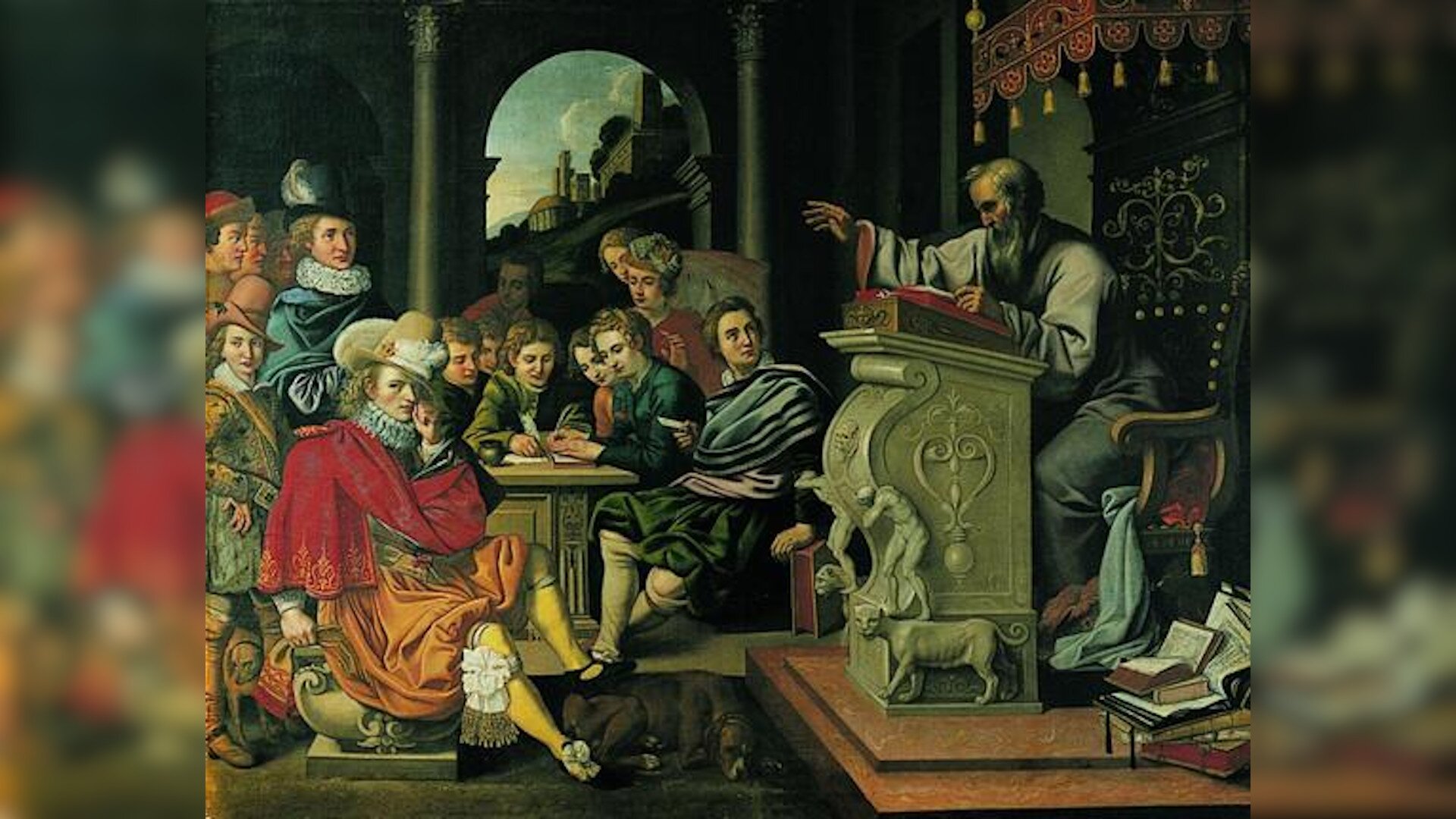 Obraz przedstawia wnętrze dużej komnaty. Przy pulpicie, na podwyższeniu, siedzi starszy mężczyzna. Czyta tekst z księgi, ma uniesioną prawą dłoń. W sali siedzą wytwornie ubrani arystokraci i arystokratki, słuchają mówcy.